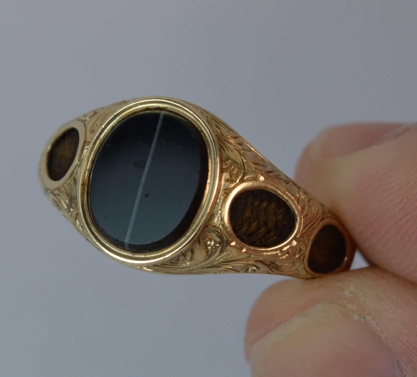 Women's or Men's Victorian Agate and Braided Hair 9 Carat Gold Mourning Signet Ring