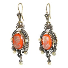 Victorian Agate Cameo Diamond Pearl Earrings in 18 Karat Gold and Silver