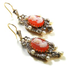 Victorian Agate Cameo Diamond Pearl Earrings in 18 Karat Gold and Silver
