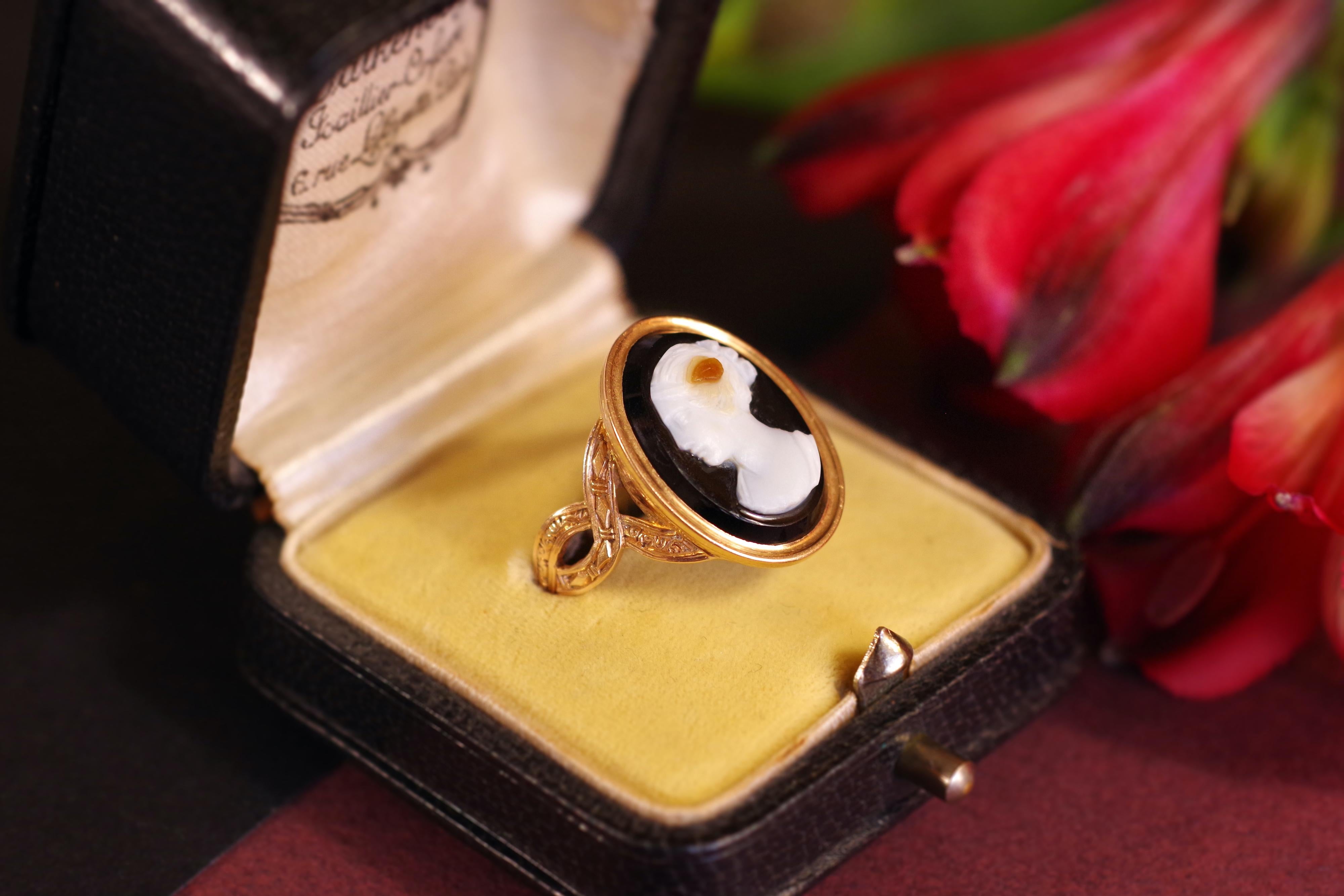 Mixed Cut Victorian Agate Cameo Ring in 18 Karat Pink Gold For Sale