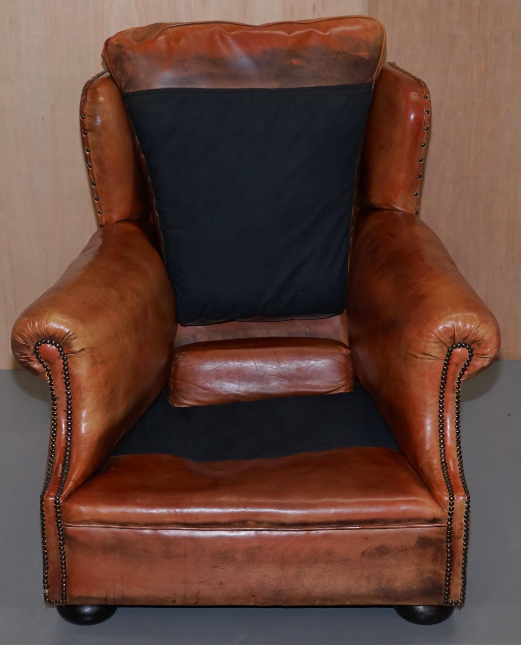 Victorian Aged Brown Leather Armchair and Matching Footstool Feather Filled Seat 11