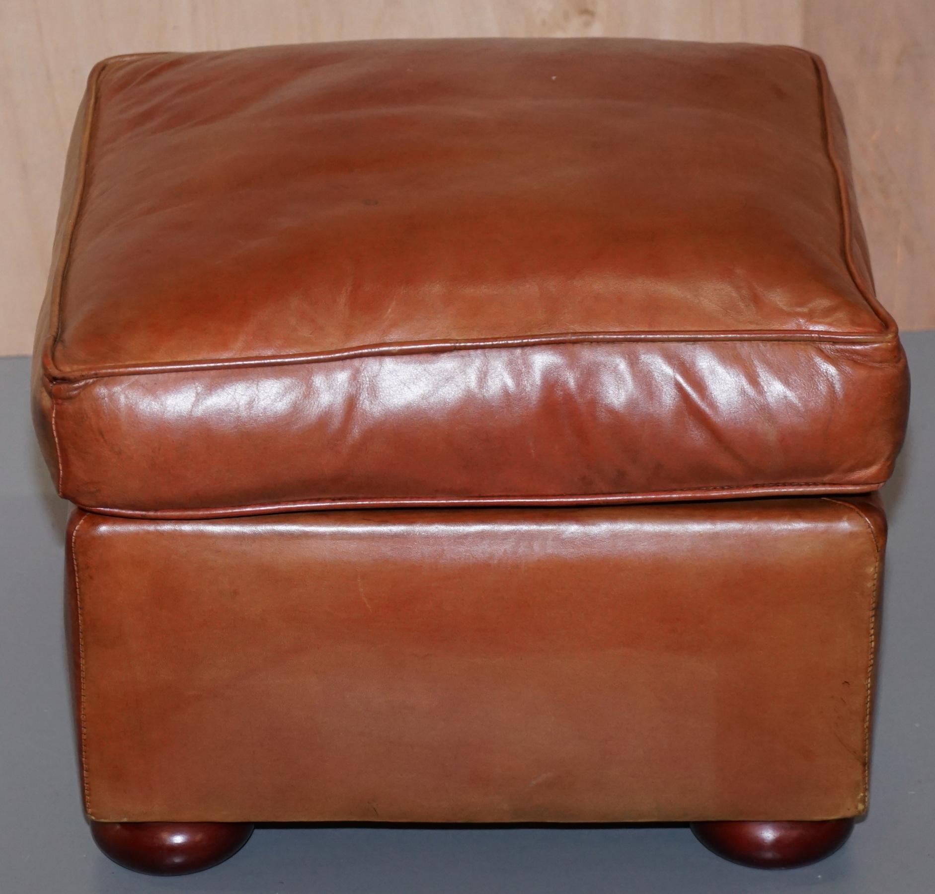 Victorian Aged Brown Leather Armchair and Matching Footstool Feather Filled Seat 13