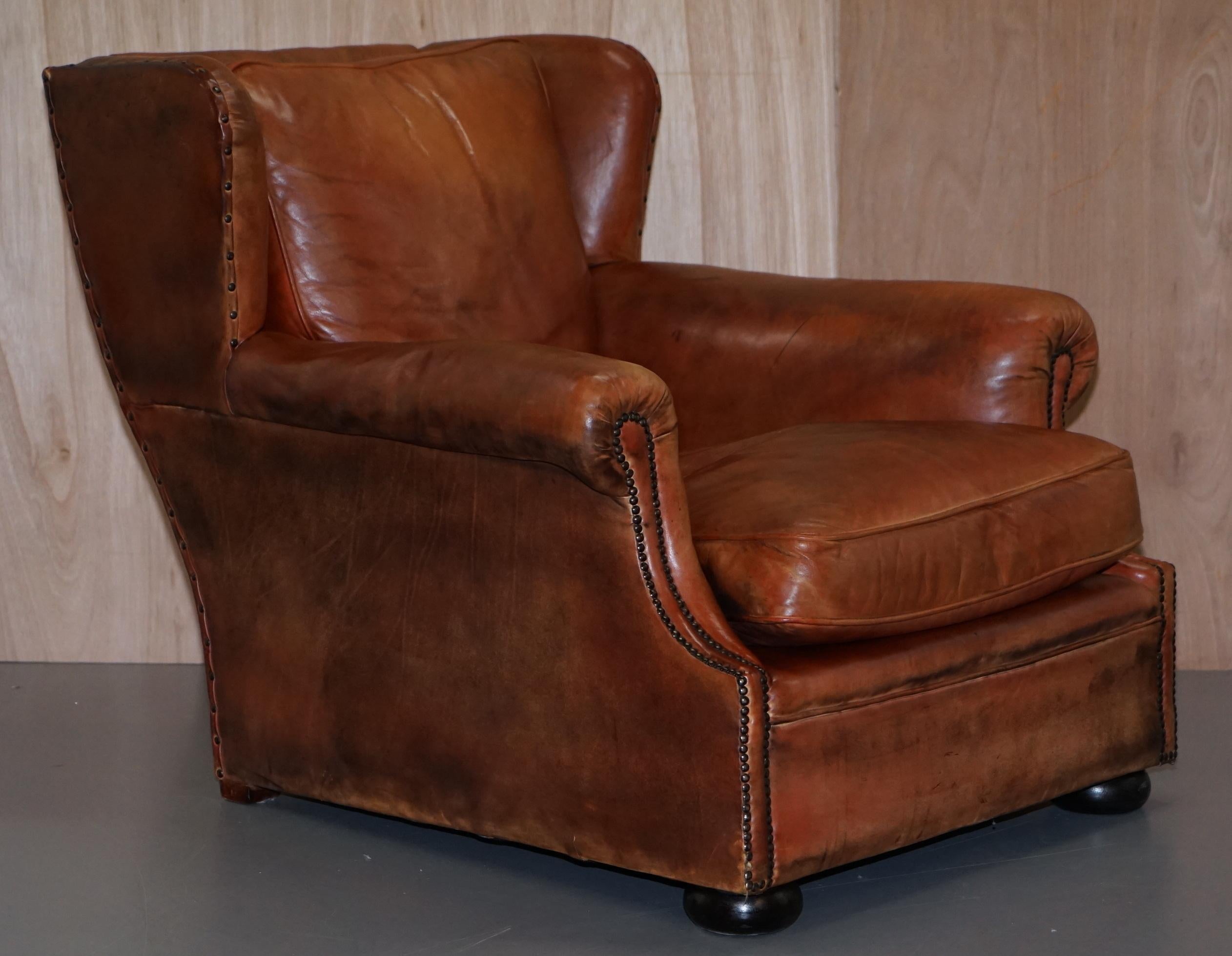 We are delighted to offer for sale this restored hand dyed brown leather Victorian armchair with matching footstool

A very good looking, heavy and well made pair, the suite was reupholstered in premium russet hide leather a few years ago, it was