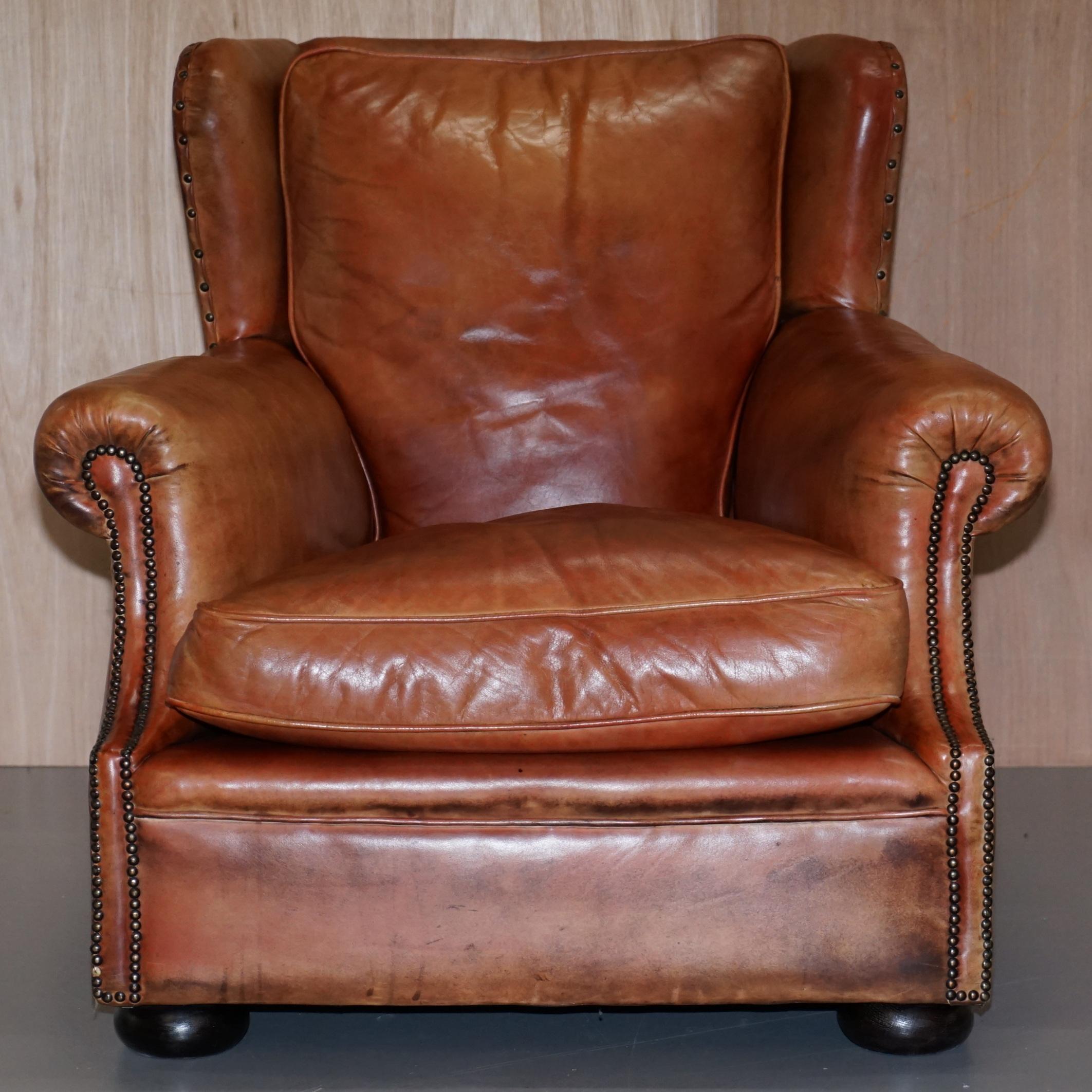 English Victorian Aged Brown Leather Armchair and Matching Footstool Feather Filled Seat