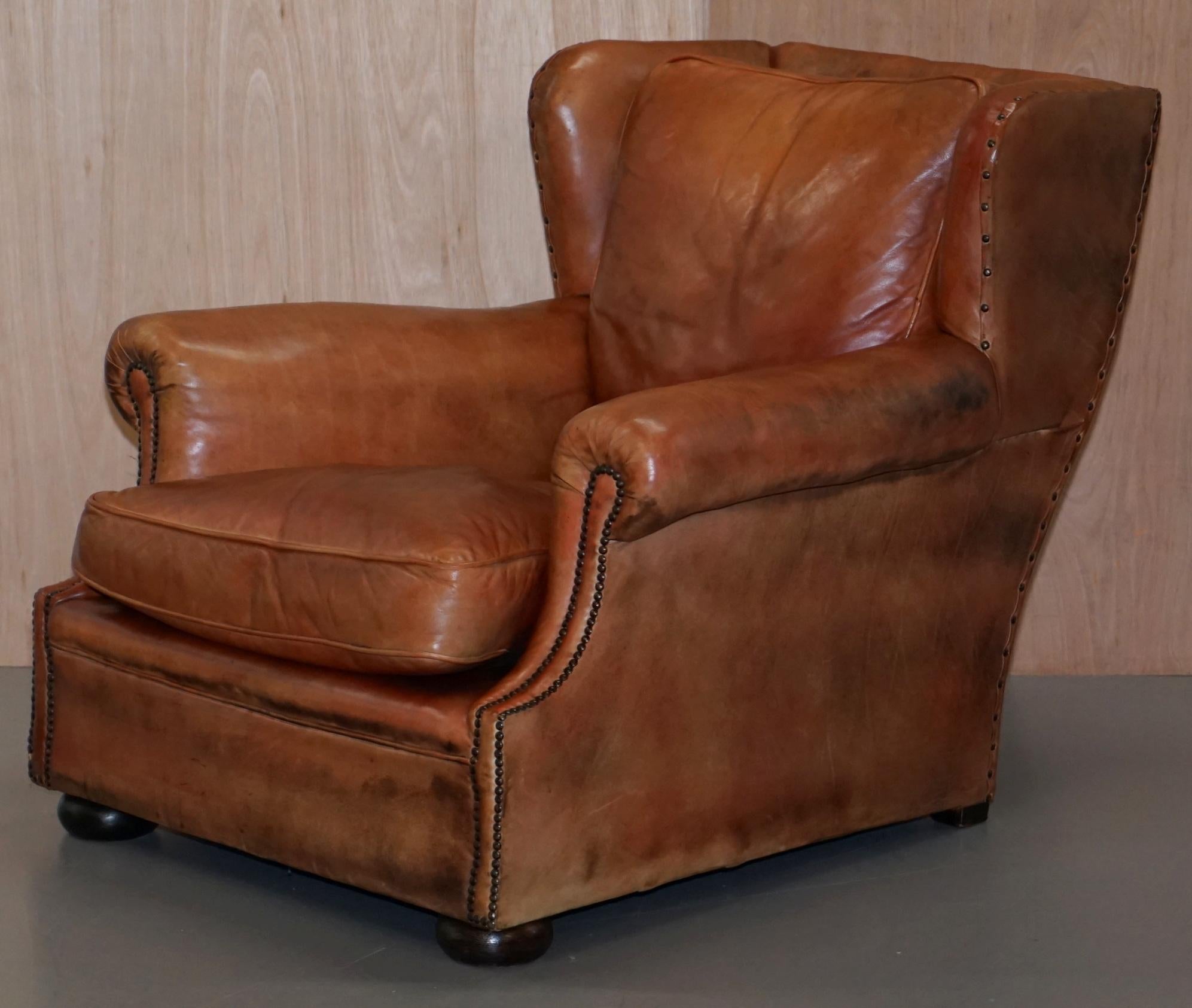 Hand-Crafted Victorian Aged Brown Leather Armchair and Matching Footstool Feather Filled Seat