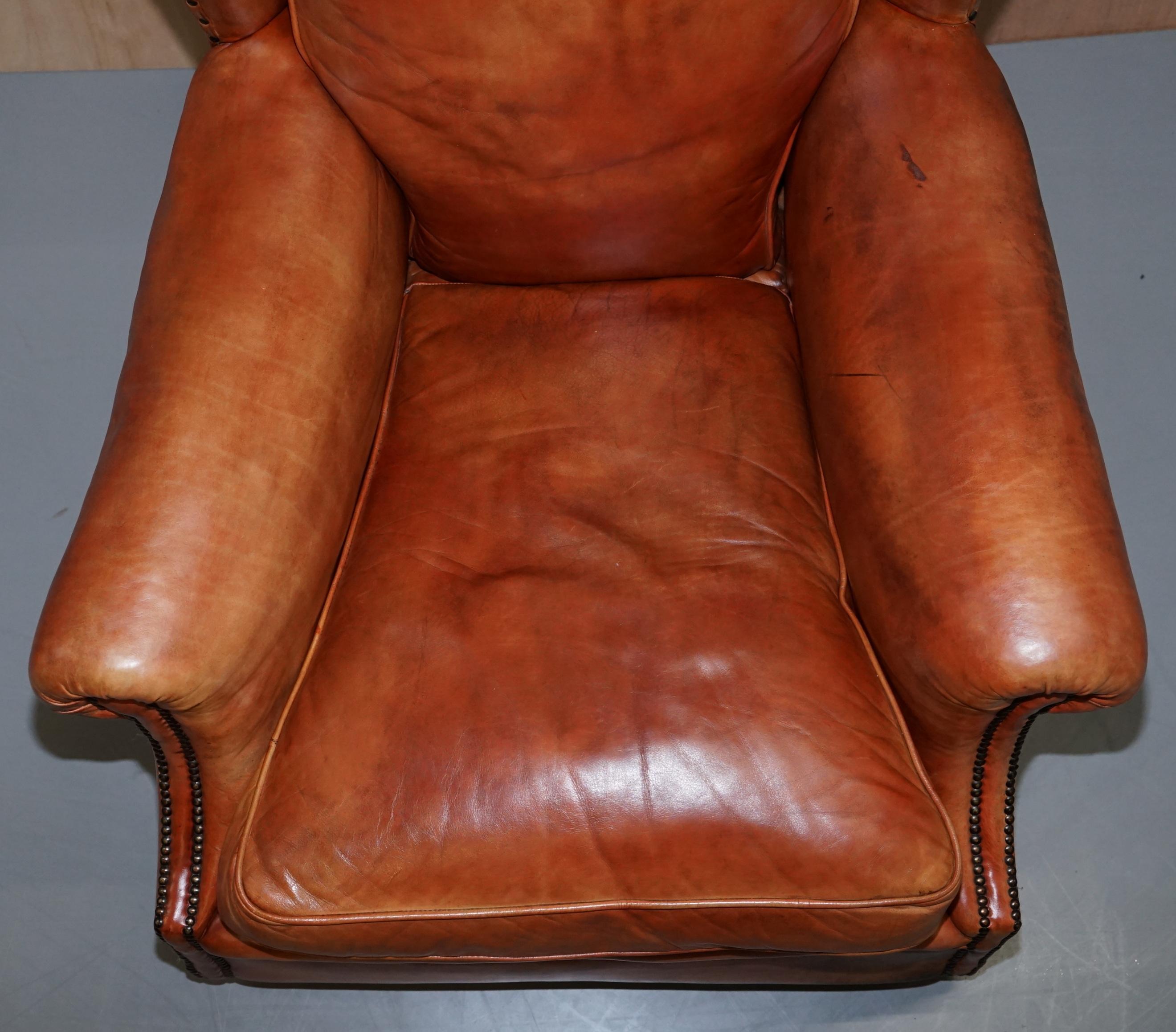 Victorian Aged Brown Leather Armchair and Matching Footstool Feather Filled Seat 1