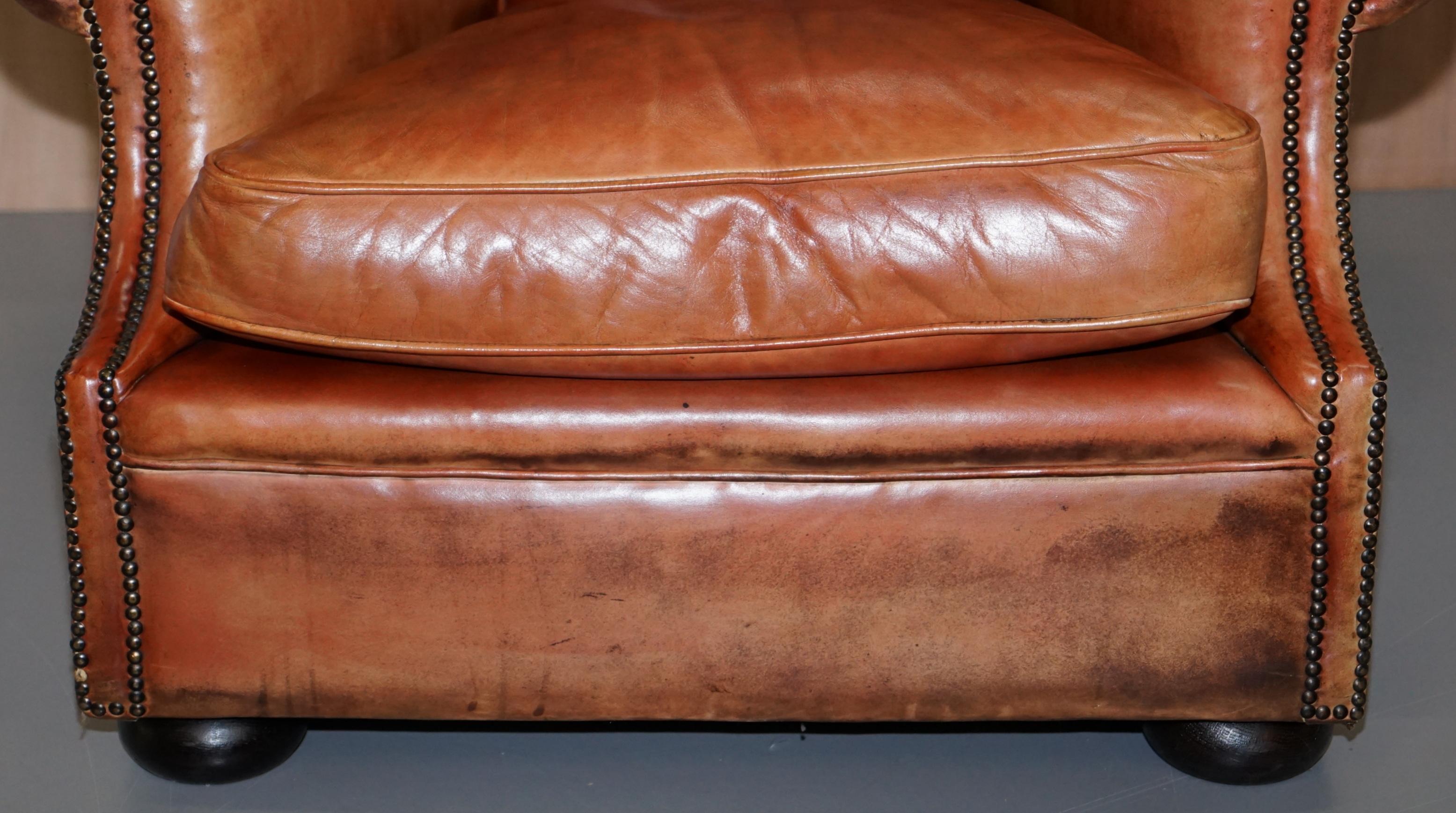 Victorian Aged Brown Leather Armchair and Matching Footstool Feather Filled Seat 4