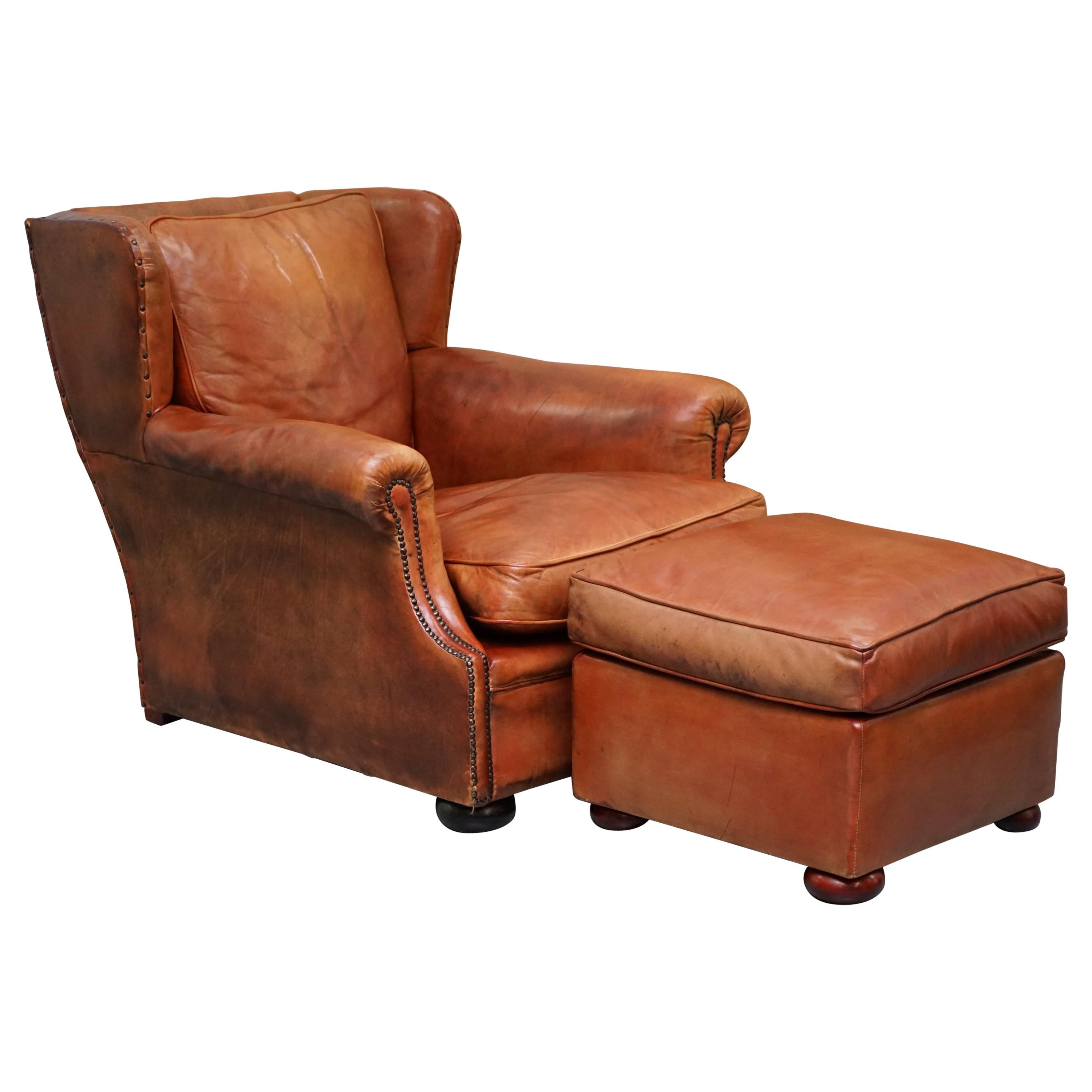 Victorian Aged Brown Leather Armchair and Matching Footstool Feather Filled Seat