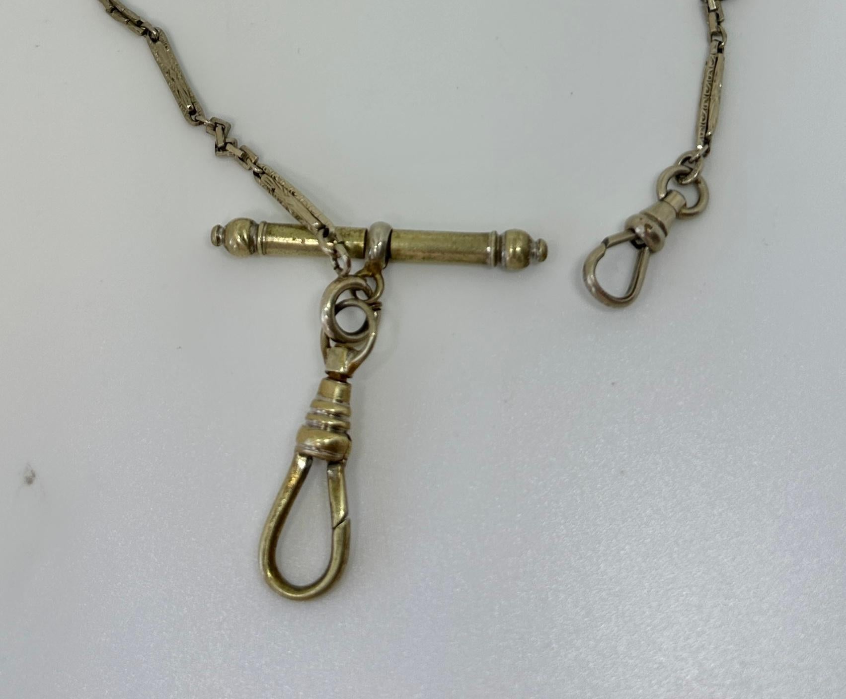 Victorian Albert Chain Necklace 2 Dog Clips White Gold Filled Fancy Link T Bar In Excellent Condition For Sale In New York, NY