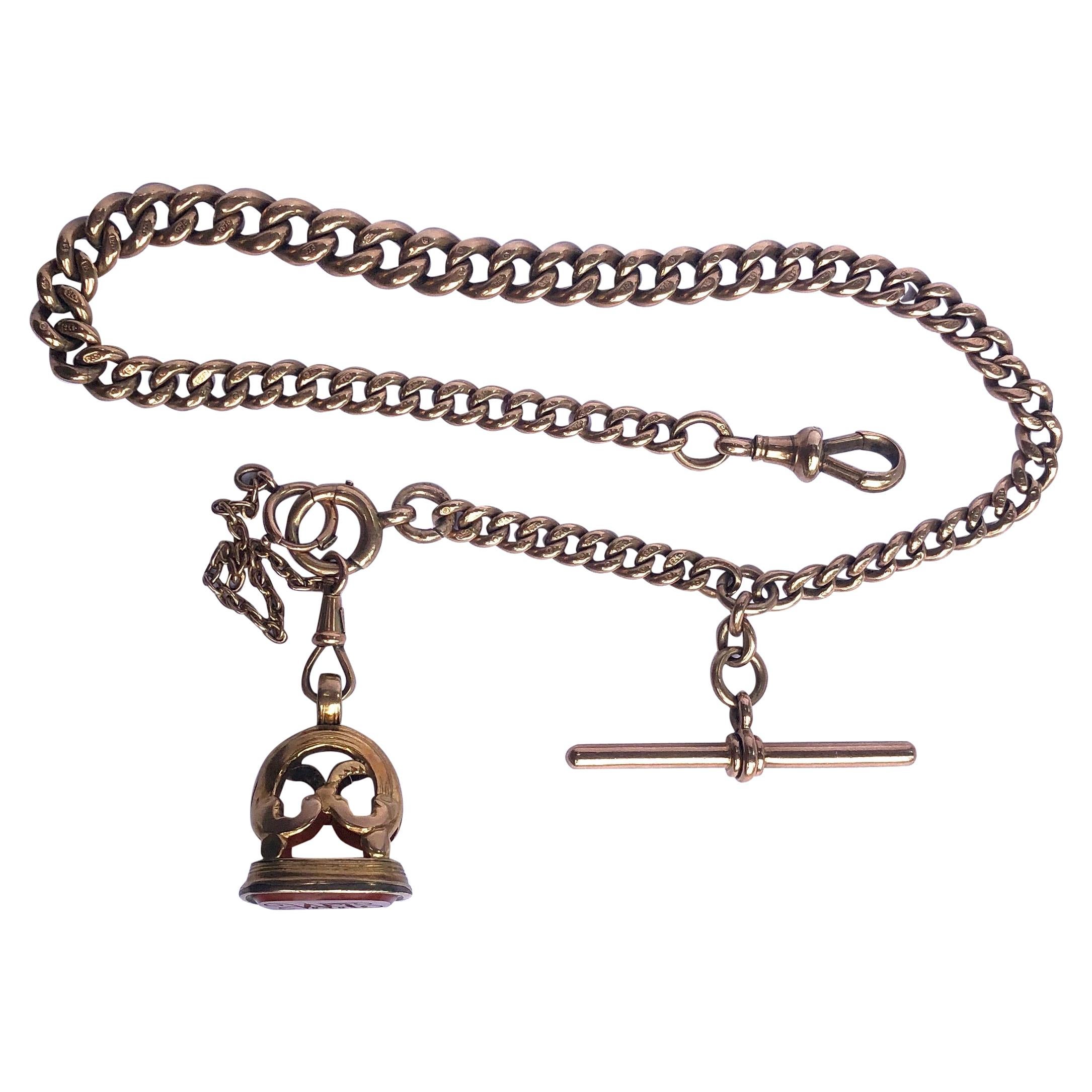 Victorian Albert Curb Chain with T-Bar and Carnelian Fob For Sale