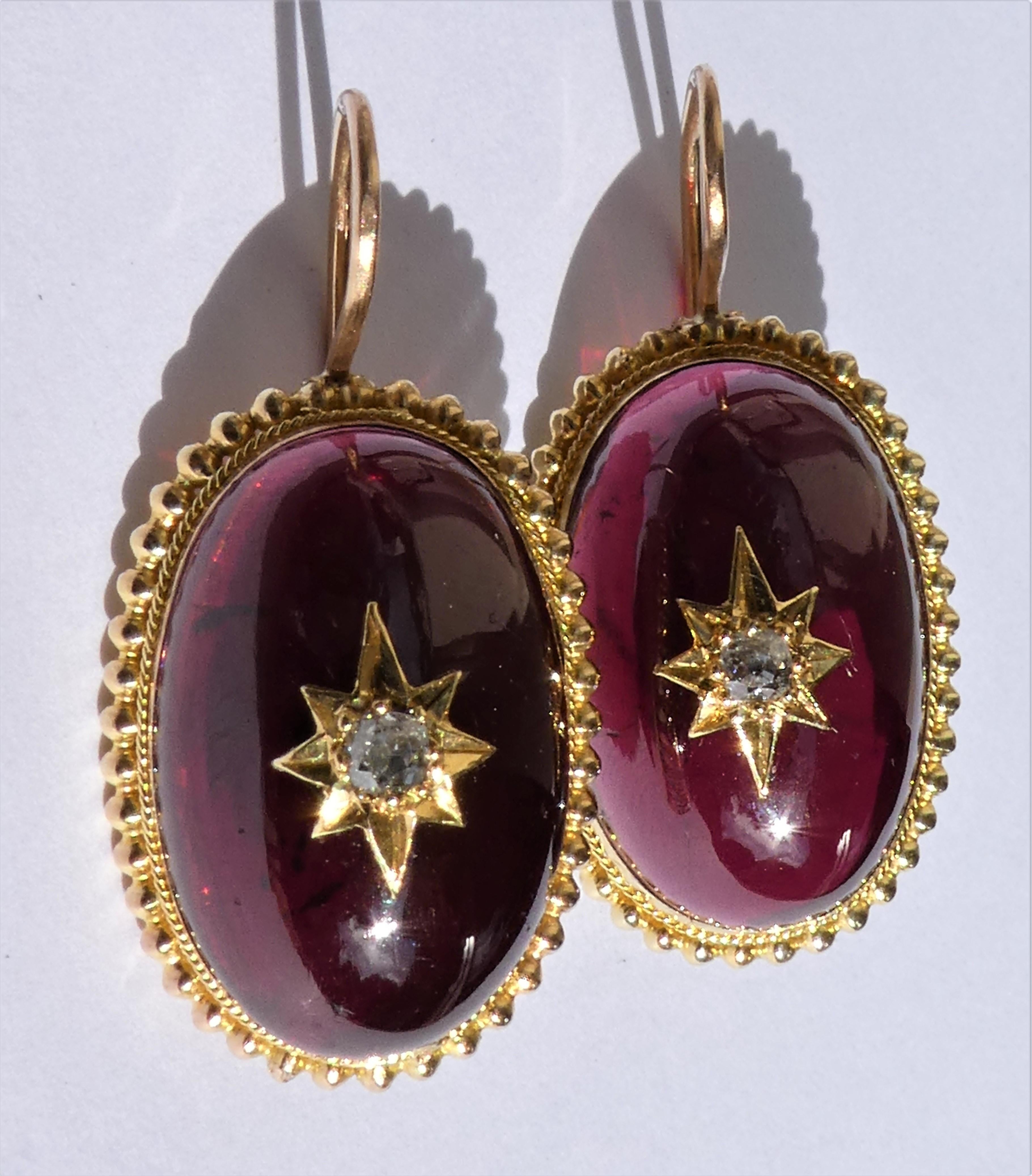 Old Mine Cut Victorian Almandine Garnet Diamond Star 14 Karat Gold Granulation Earrings For Sale