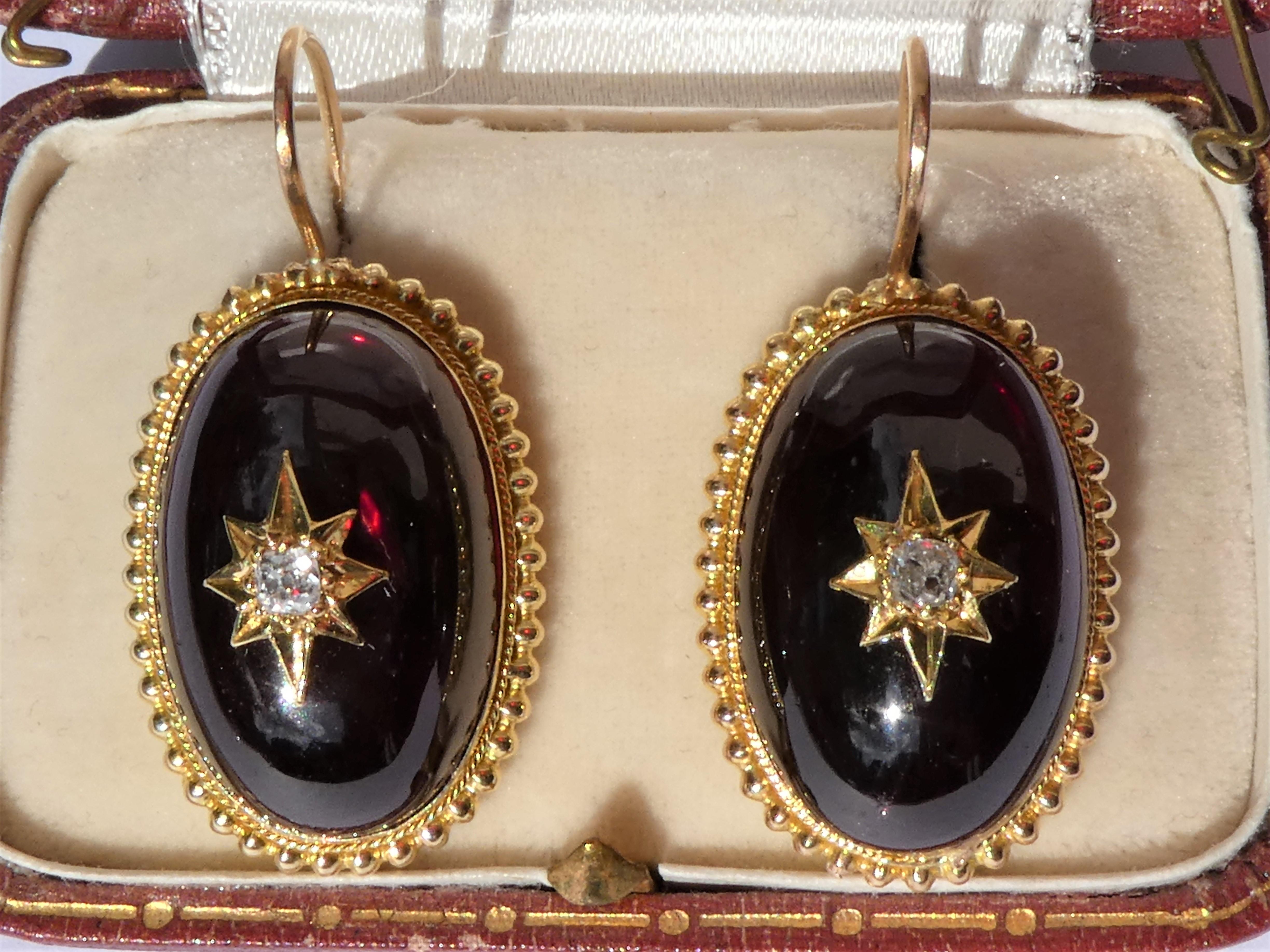 Women's Victorian Almandine Garnet Diamond Star 14 Karat Gold Granulation Earrings For Sale