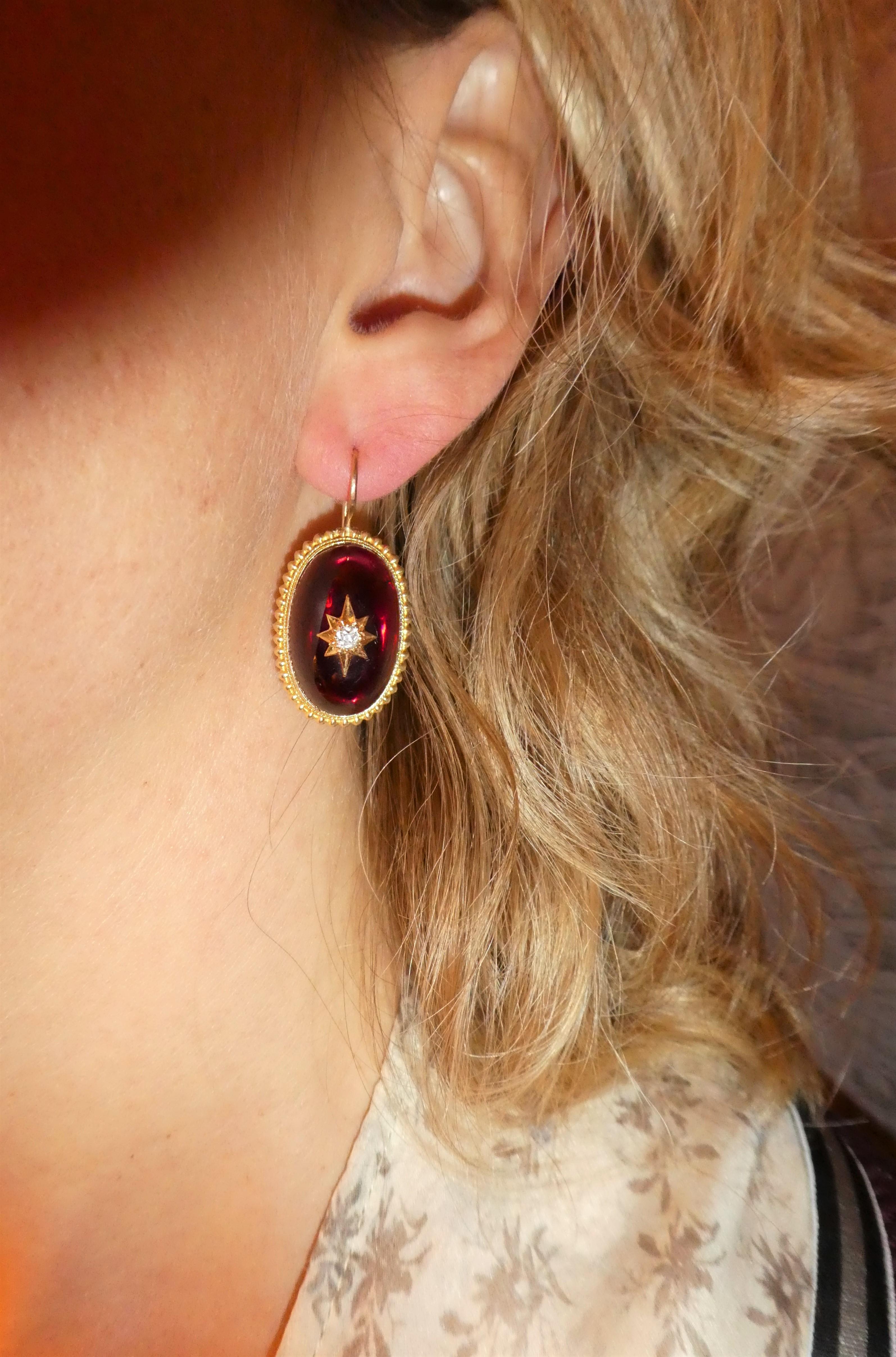 Victorian Almandine Garnet Diamond Star 14 Karat Gold Granulation Earrings For Sale 1