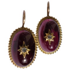 Victorian Almandine Garnet Diamond Star 14 Karat Gold Granulation Earrings