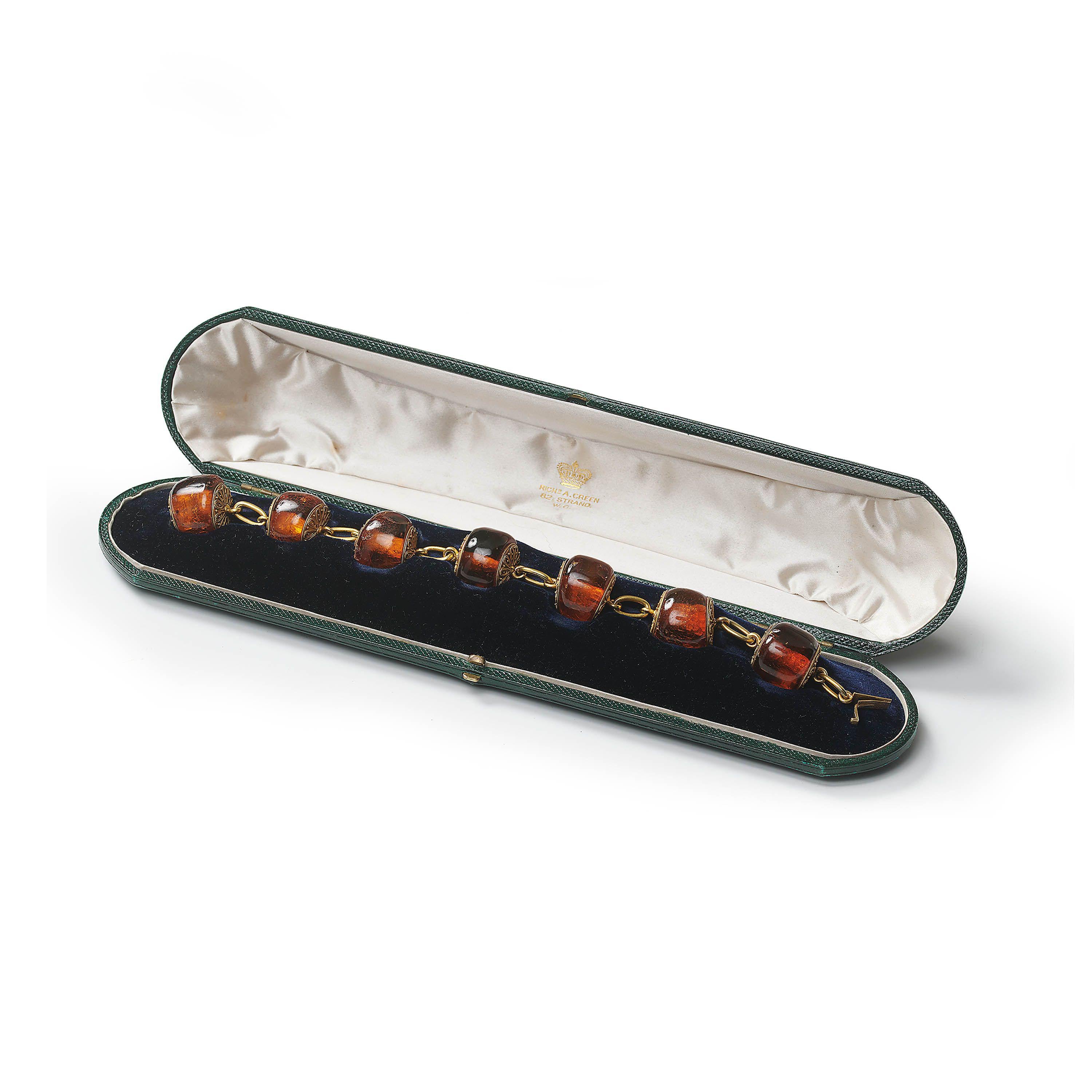 Cabochon Victorian Amber And Etruscan Style Gold Bracelet In Fitted Case, Circa 1875 For Sale