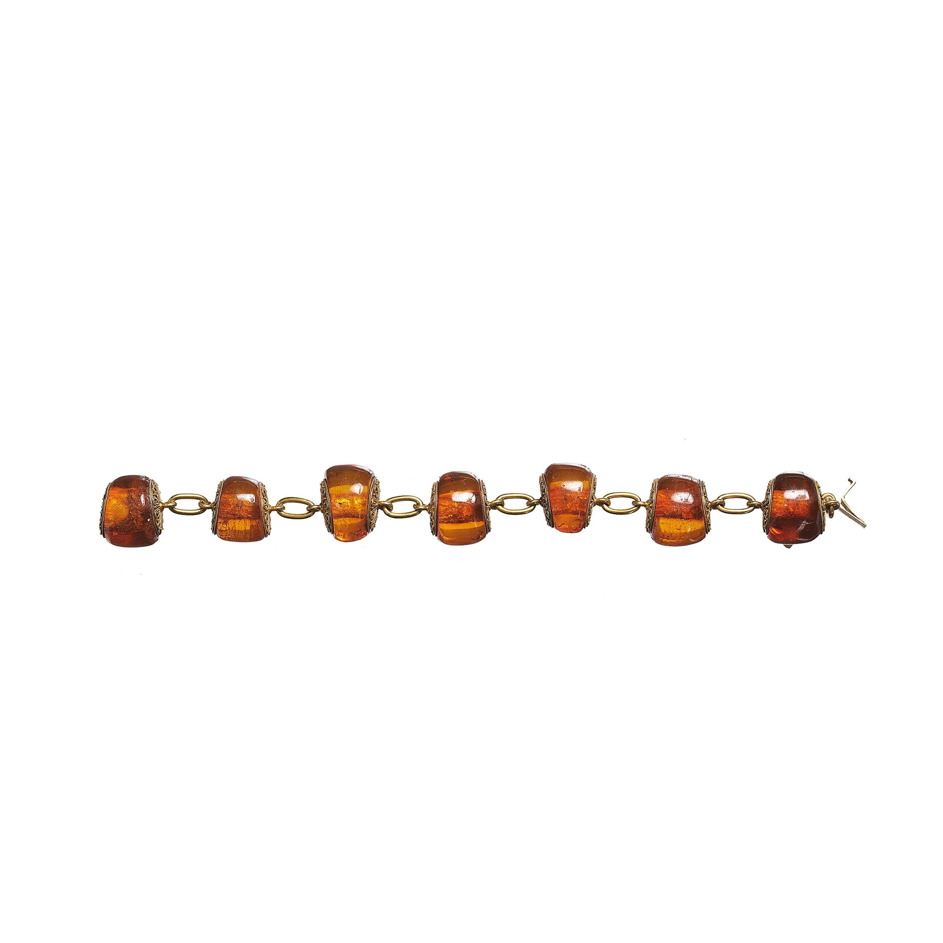 Women's Victorian Amber And Etruscan Style Gold Bracelet In Fitted Case, Circa 1875 For Sale