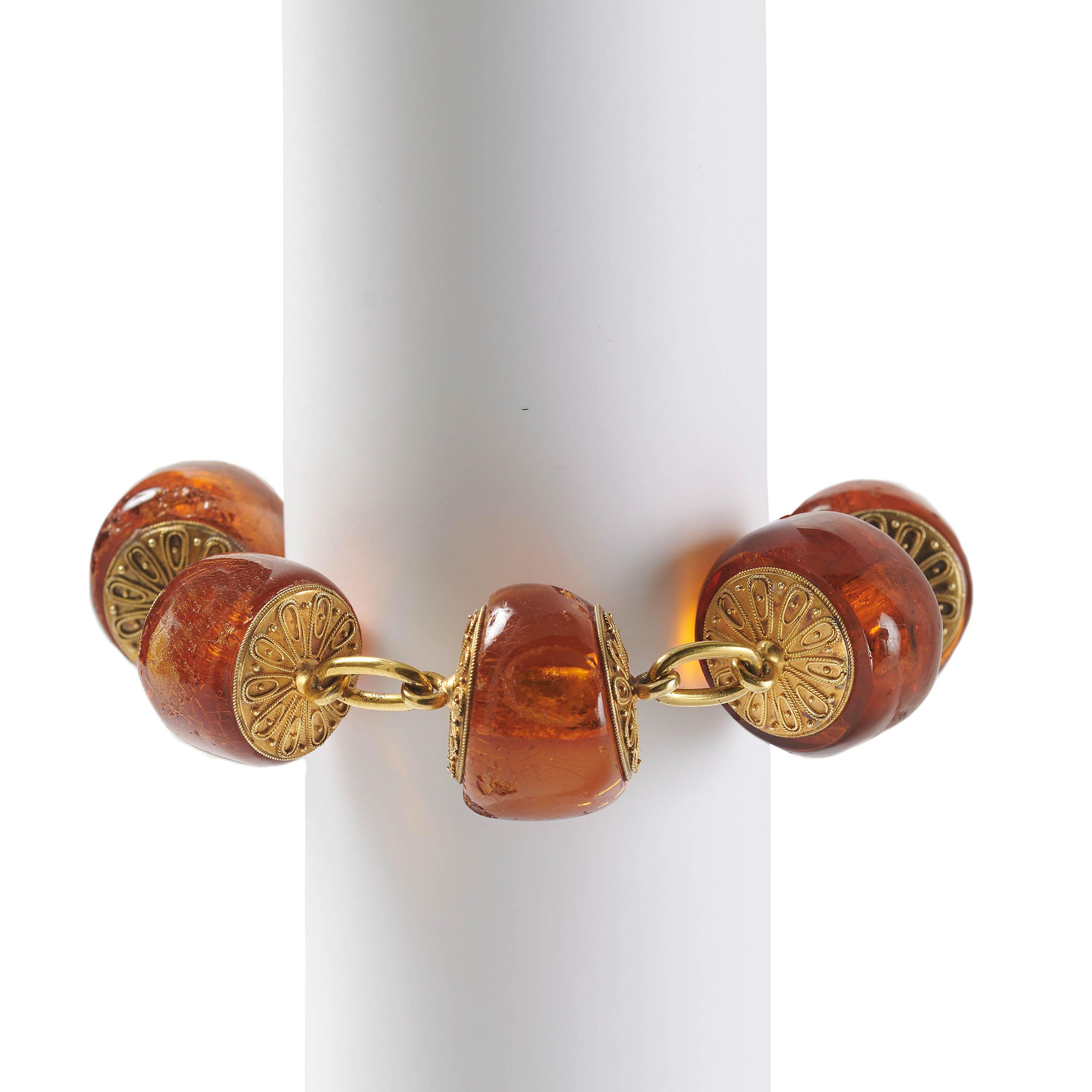 Victorian Amber And Etruscan Style Gold Bracelet In Fitted Case, Circa 1875 In Good Condition For Sale In London, GB