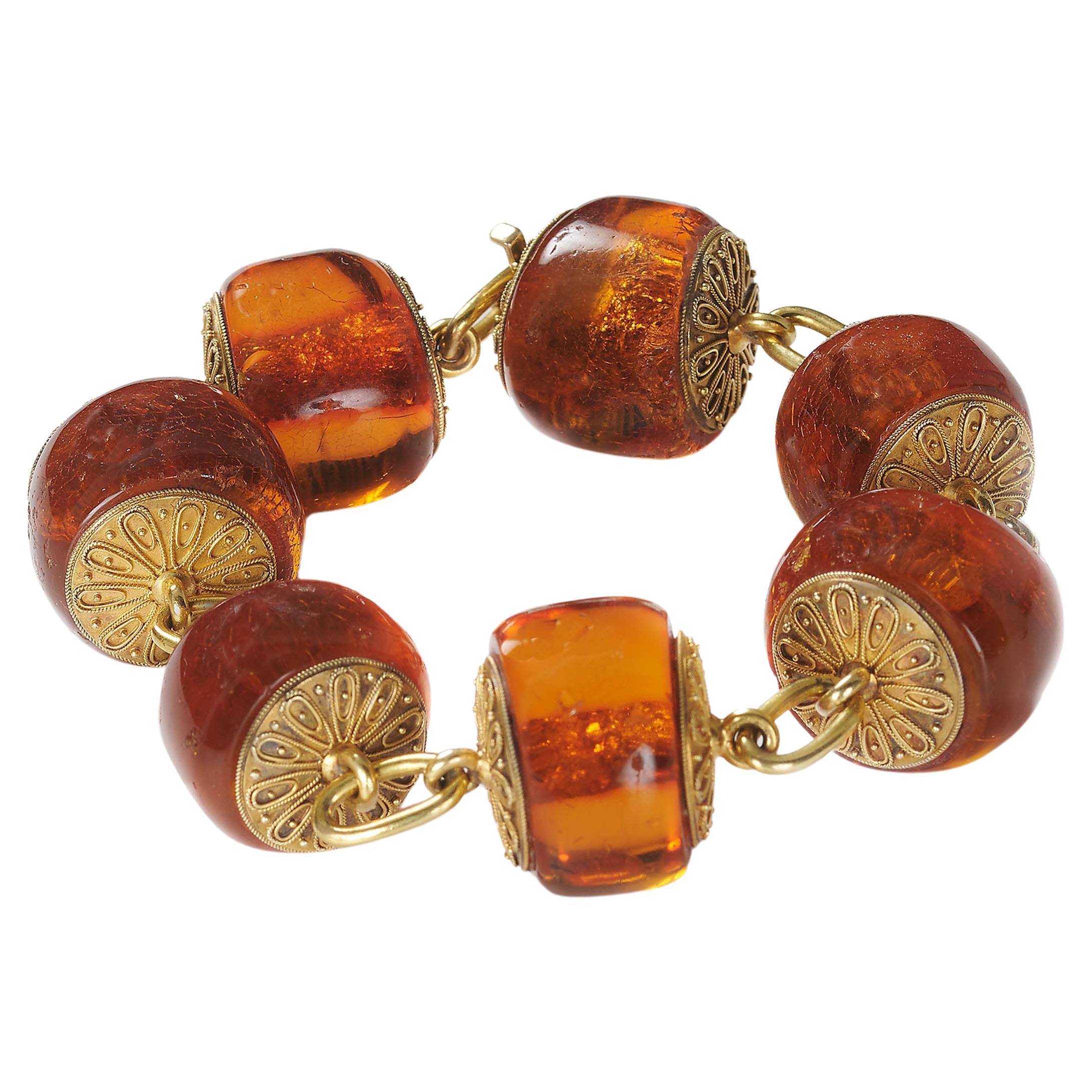 Victorian Amber And Etruscan Style Gold Bracelet In Fitted Case, Circa 1875 For Sale