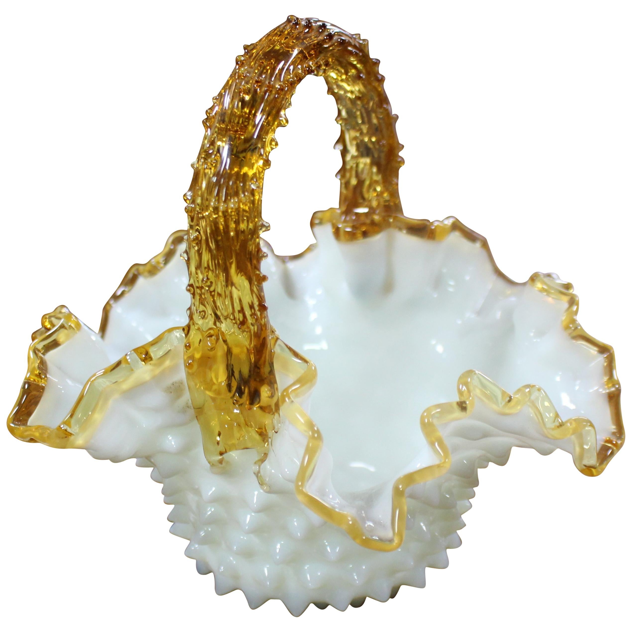 Victorian Amber & Milk Glass Scalloped Handled Basket For Sale