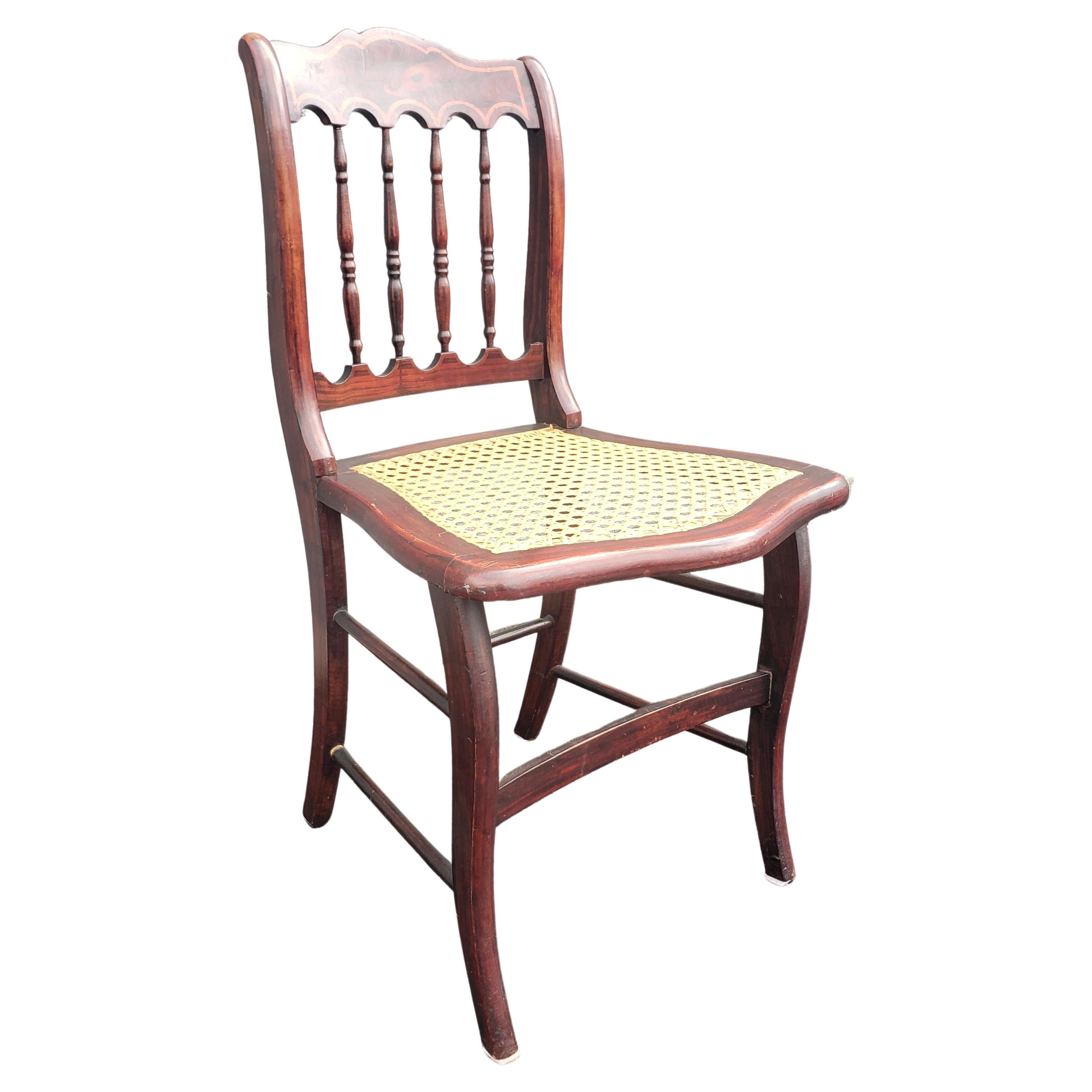 Caning Victorian American Flame Mahogany with Inlays Spindle Back and Cane Seat Chair For Sale