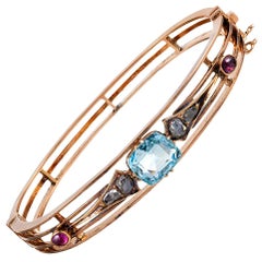 Antique Victorian “Americana” Bangle Bracelet with Aquamarine, Rubies and Diamonds