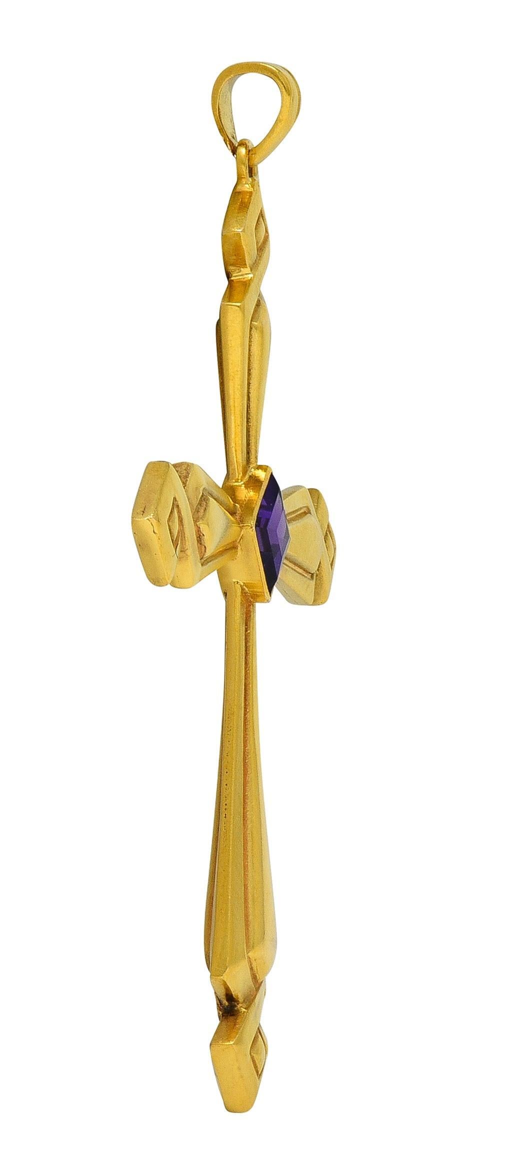 Square Cut Victorian Amethyst 14 Karat Yellow Gold Antique Geometric Cross Pendant For Sale