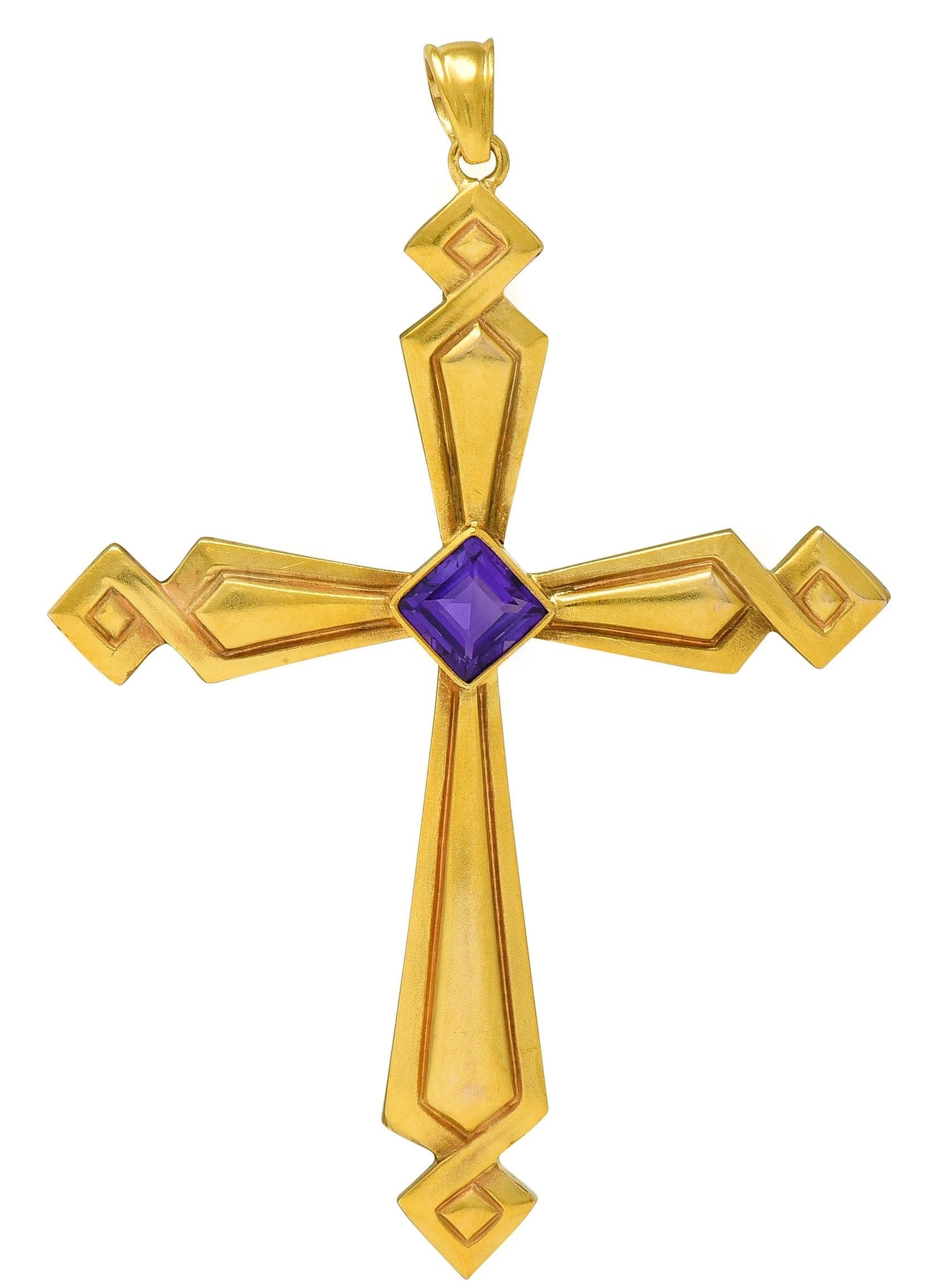 Women's Victorian Amethyst 14 Karat Yellow Gold Antique Geometric Cross Pendant For Sale