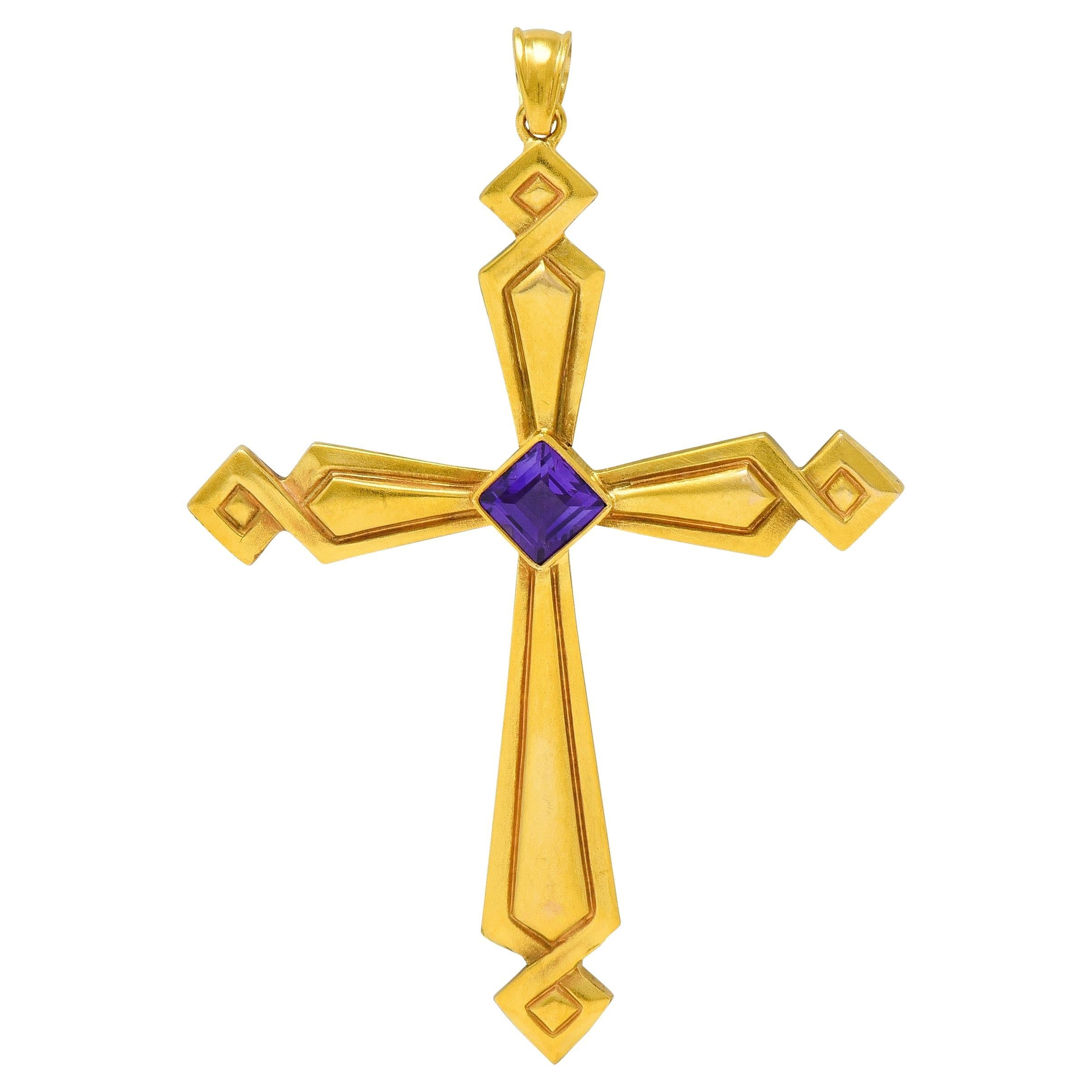 Victorian Amethyst 14 Karat Yellow Gold Antique Geometric Cross Pendant For Sale