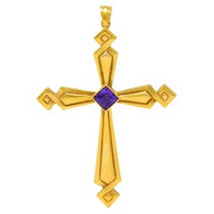 Viktorianischer Amethyst 14 Karat Gelbgold Antiker Geometrischer Kreuz-Anhänger