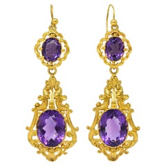 Victorian Amethyst 14 Karat Yellow Gold Antique Scrolling Drop Earrings