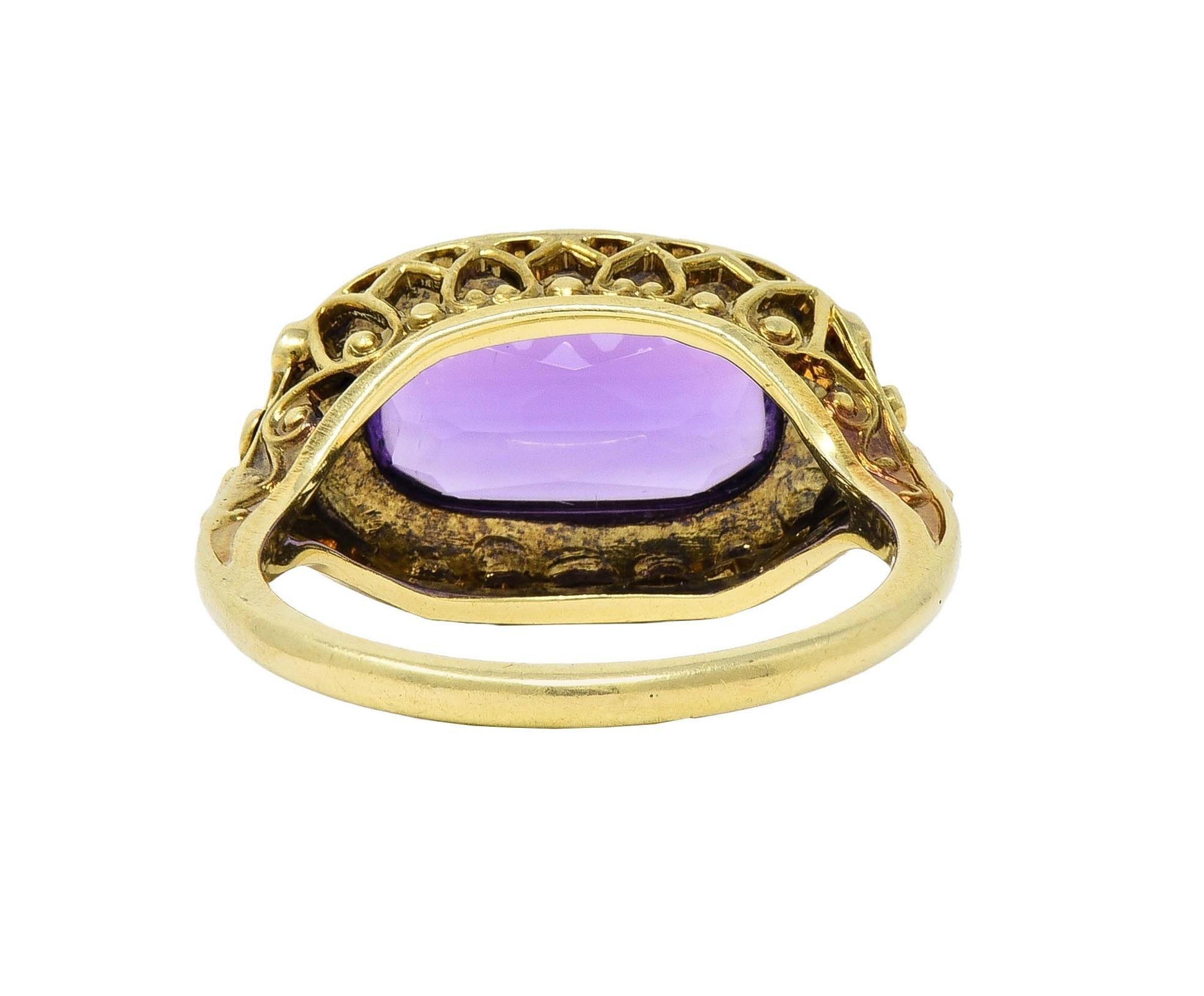 Femenino o masculino Anillo Antiguo Flor de Lis Corazón Amatista Victoriana de Oro Amarillo de 14 Kilates