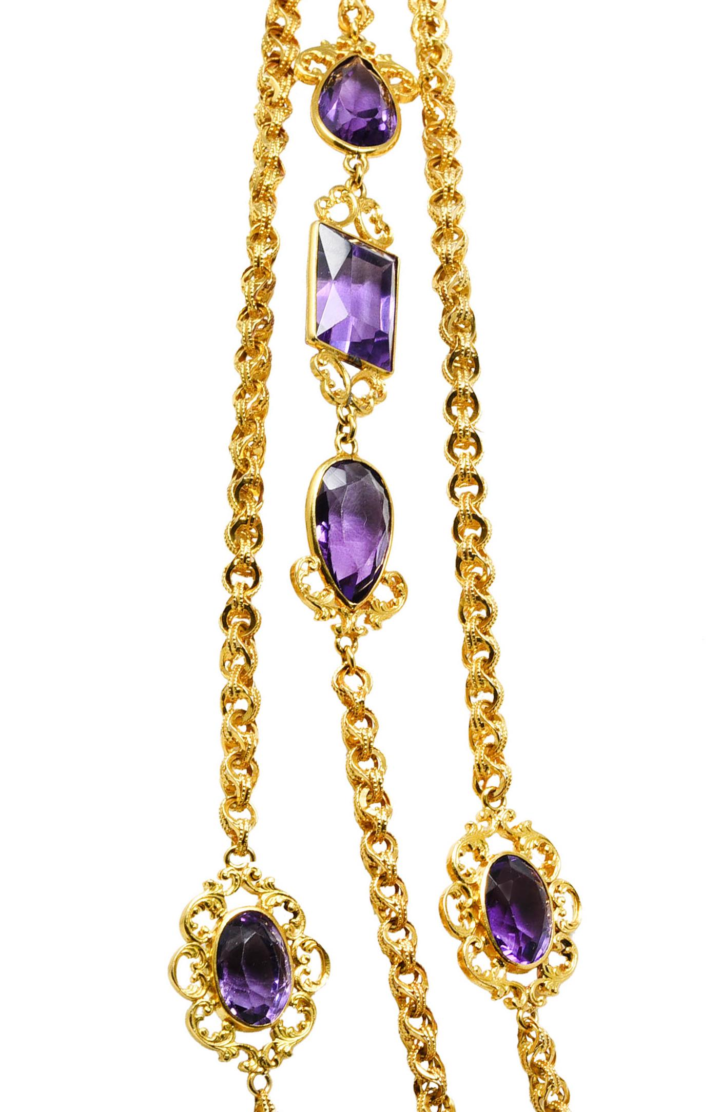 Victorian Amethyst 14 Karat Yellow Gold Long Scrolling Fob Station Chain Antique 1
