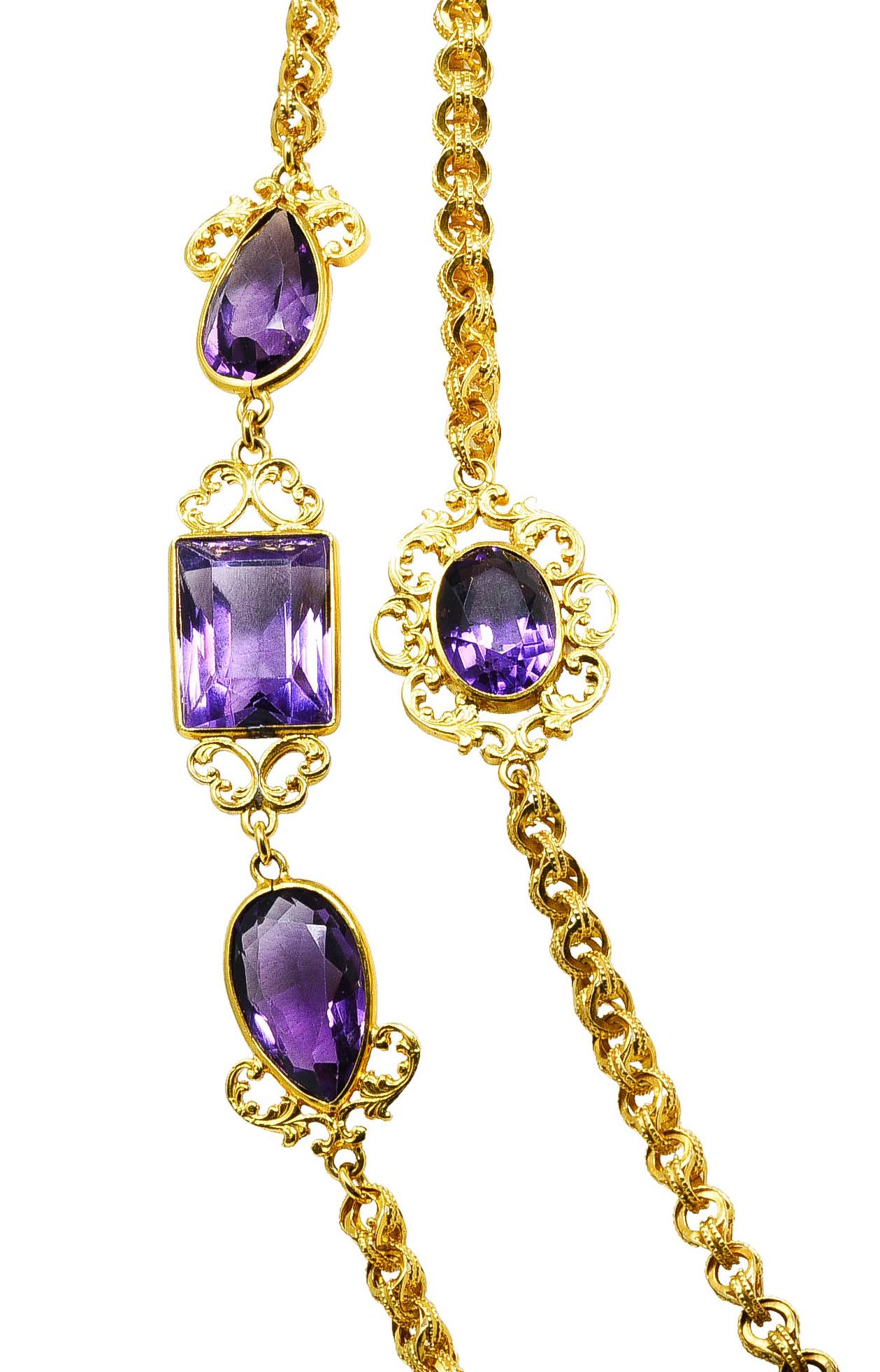 Victorian Amethyst 14 Karat Yellow Gold Long Scrolling Fob Station Chain Antique 2