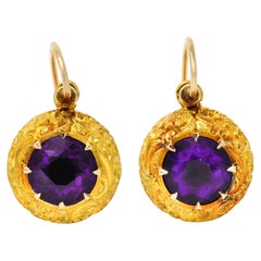 Victorian Amethyst 14 Karat Yellow Gold Repoussé Ball Antique Drop Earrings