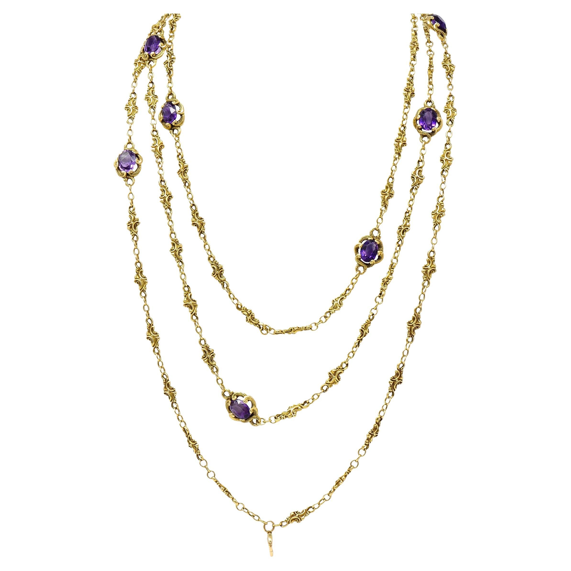Victorian Amethyst 14 Karat Yellow Gold Scrolling Long Chain Necklace