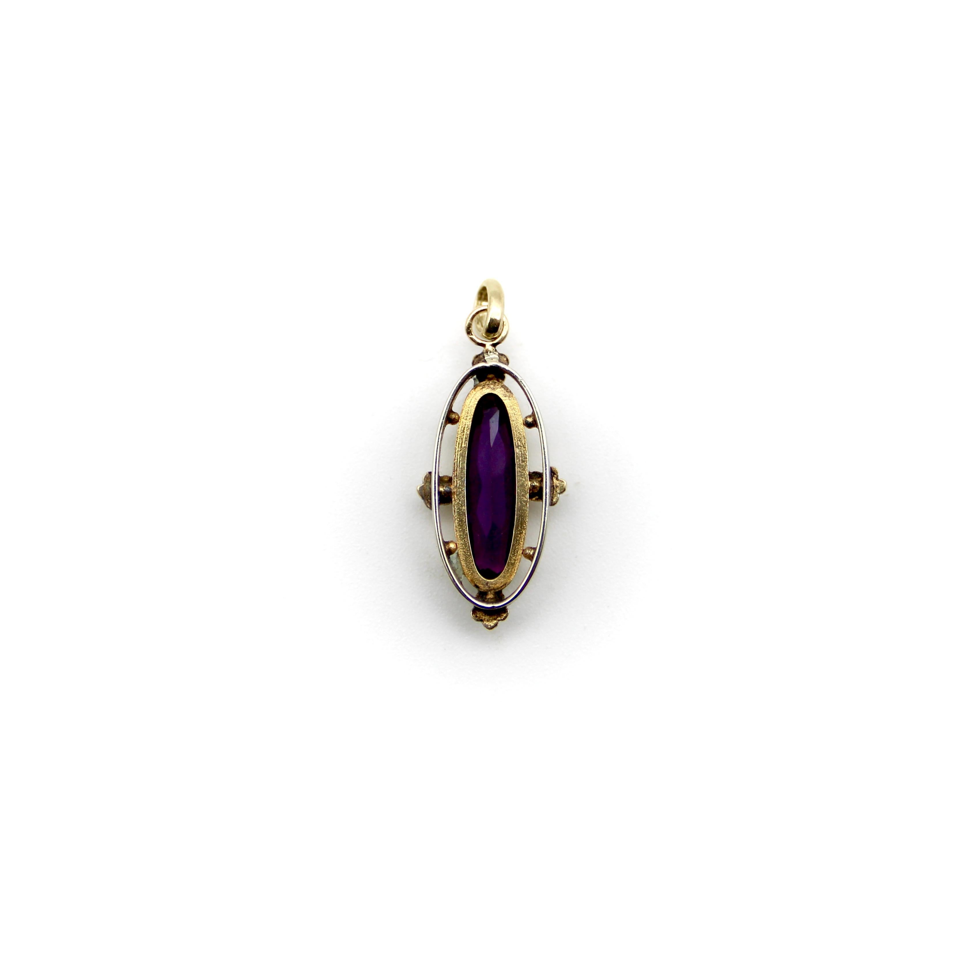 Oval Cut Victorian Amethyst 14K Gold and Silver Pendent 
