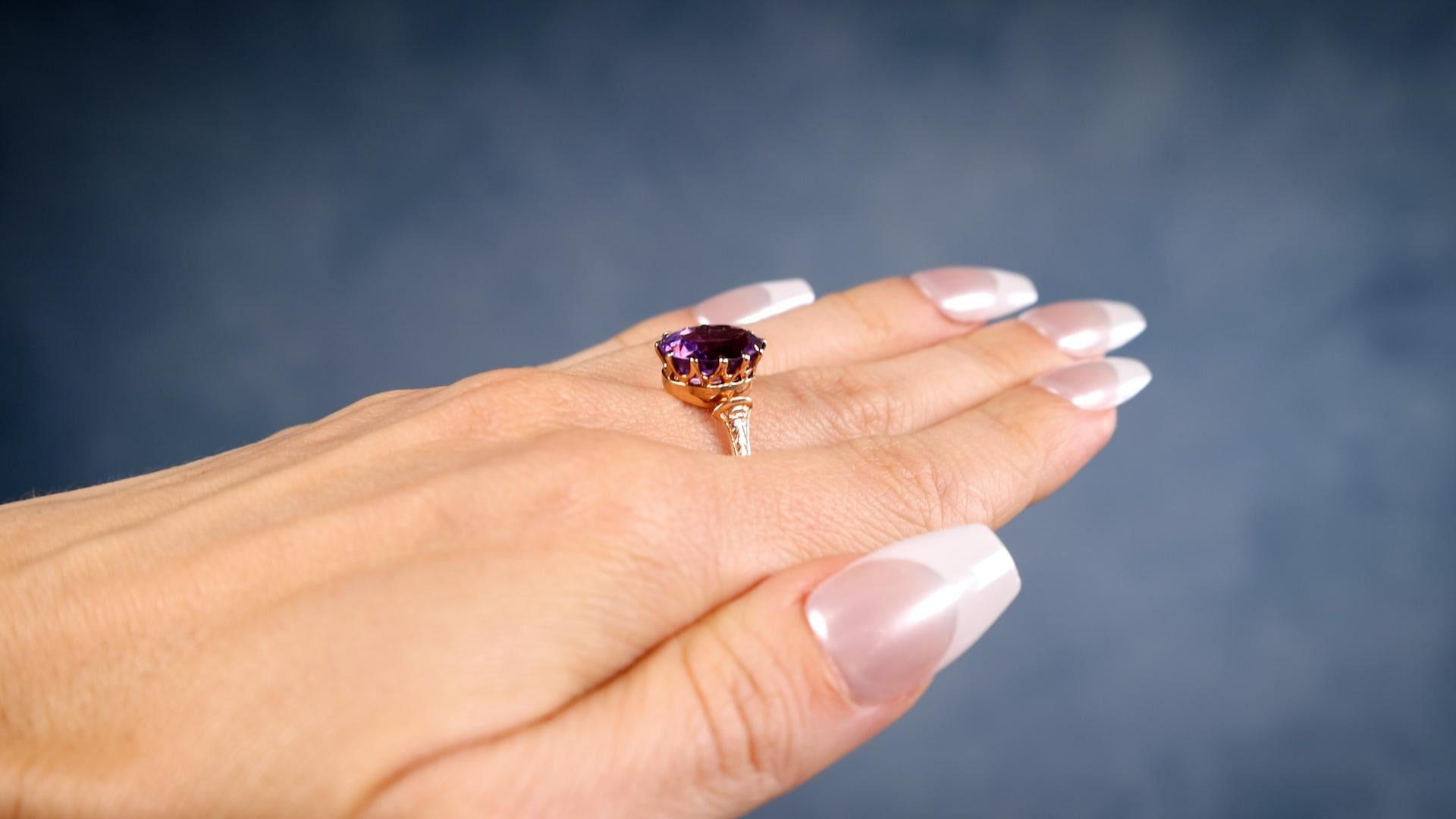 Mixed Cut Victorian Amethyst 14k Rose Gold Solitaire Ring For Sale