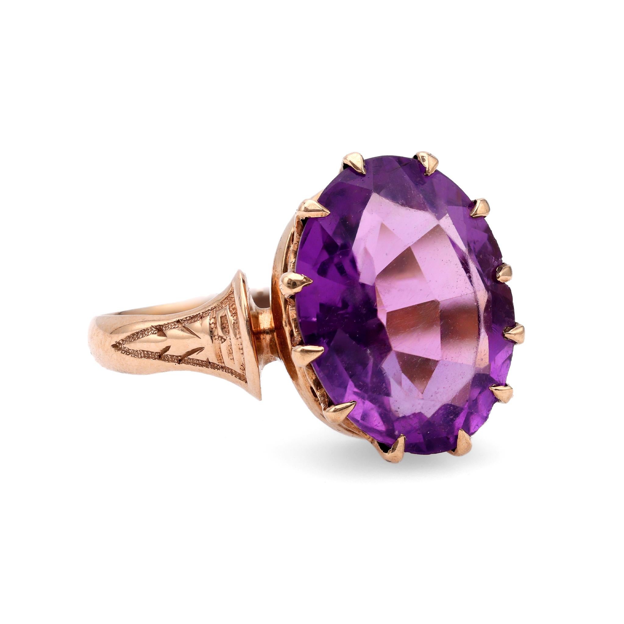 Victorian Amethyst 14k Rose Gold Solitaire Ring In Good Condition For Sale In Beverly Hills, CA