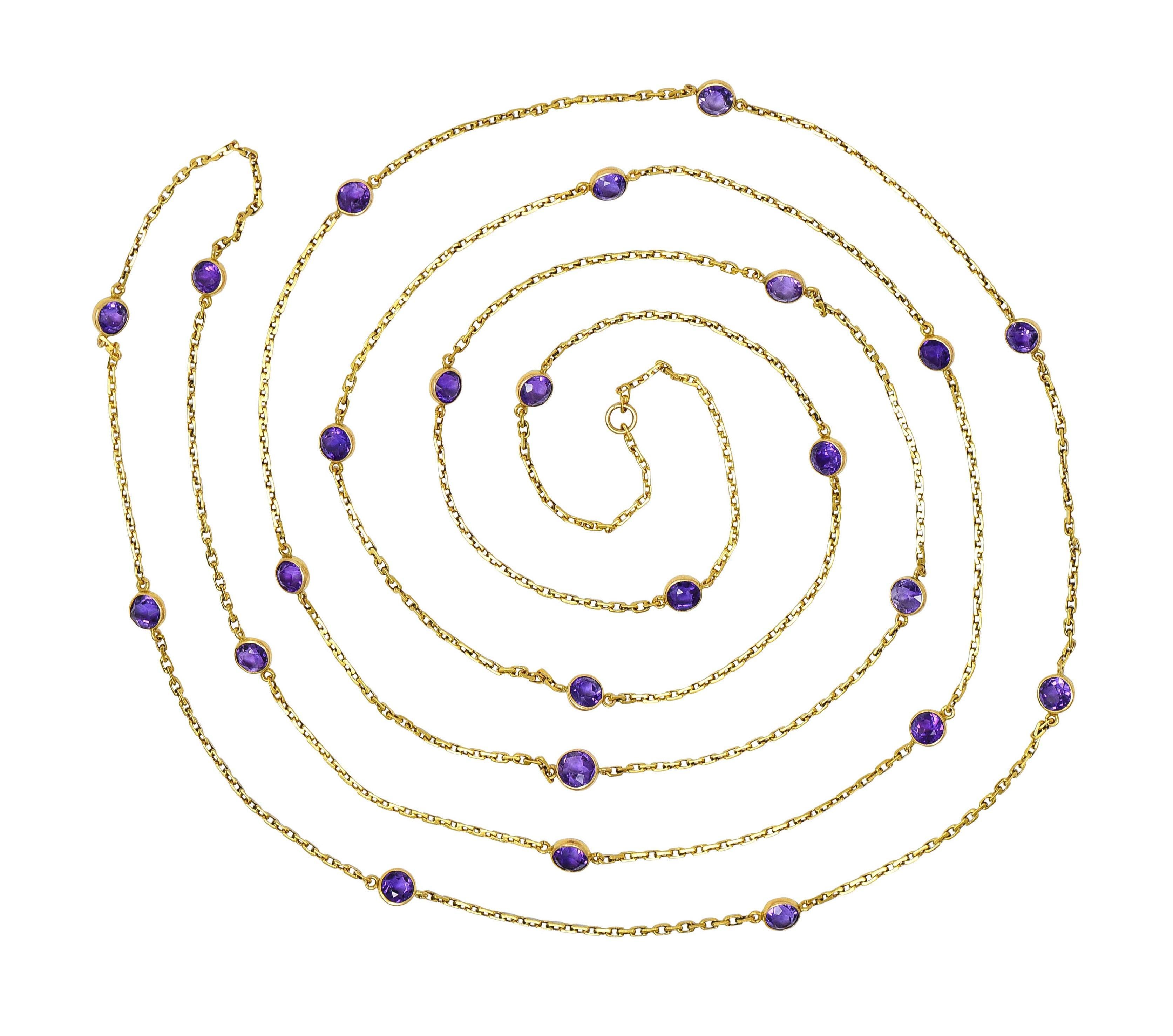 Designed as 1.5 mm fancy cable link chain with twenty-four stations 
Comprised of bezel set 5.2 mm round cut amethyst 
Transparent medium purple in color 
With jump ring fob bale 
Tested as 18 karat gold
Circa: 1860s
Width at widest: 5.5 mm 
Total