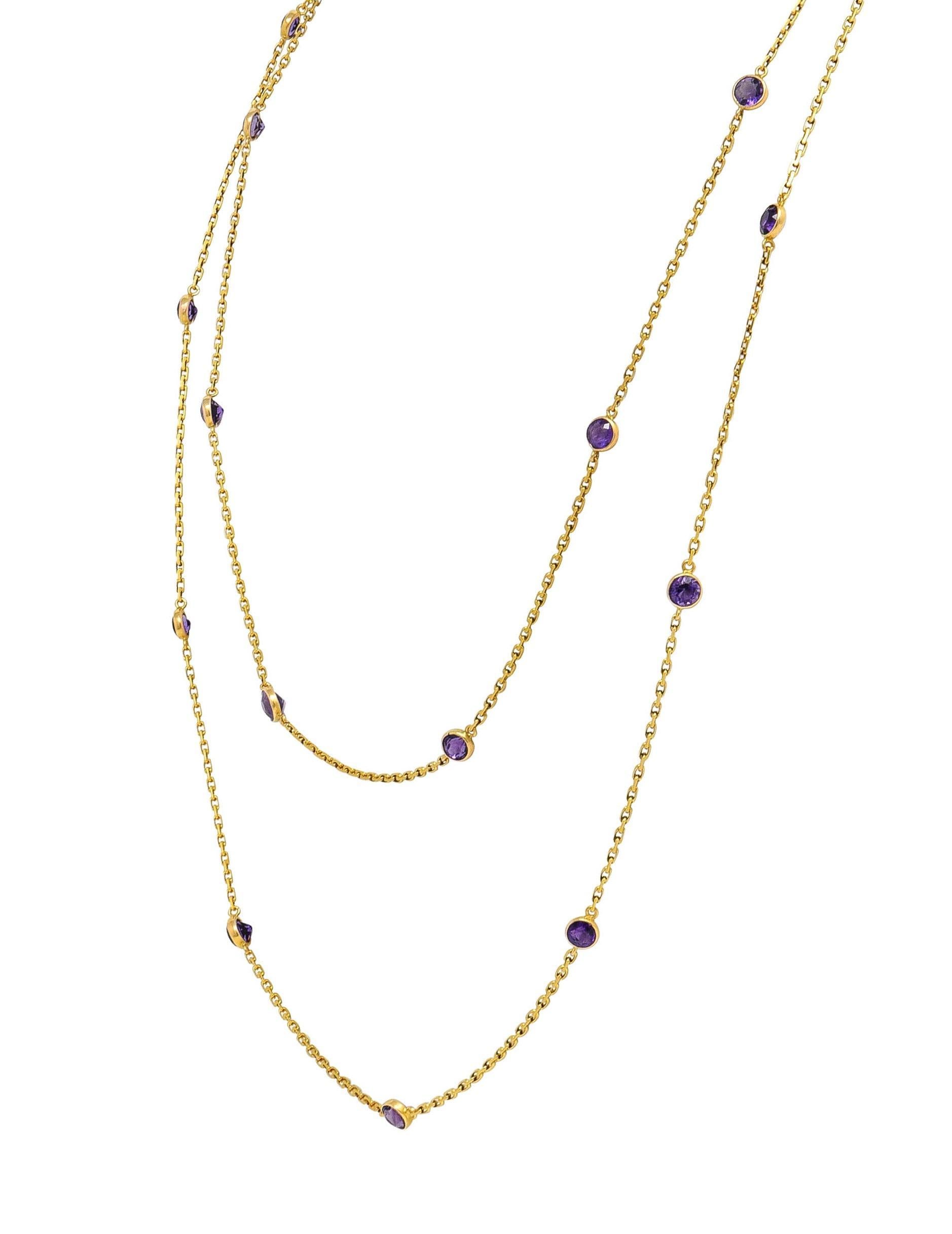Victorian Amethyst 18K Yellow Gold 59 IN Long Antique Station Chain Necklace In Excellent Condition For Sale In Philadelphia, PA
