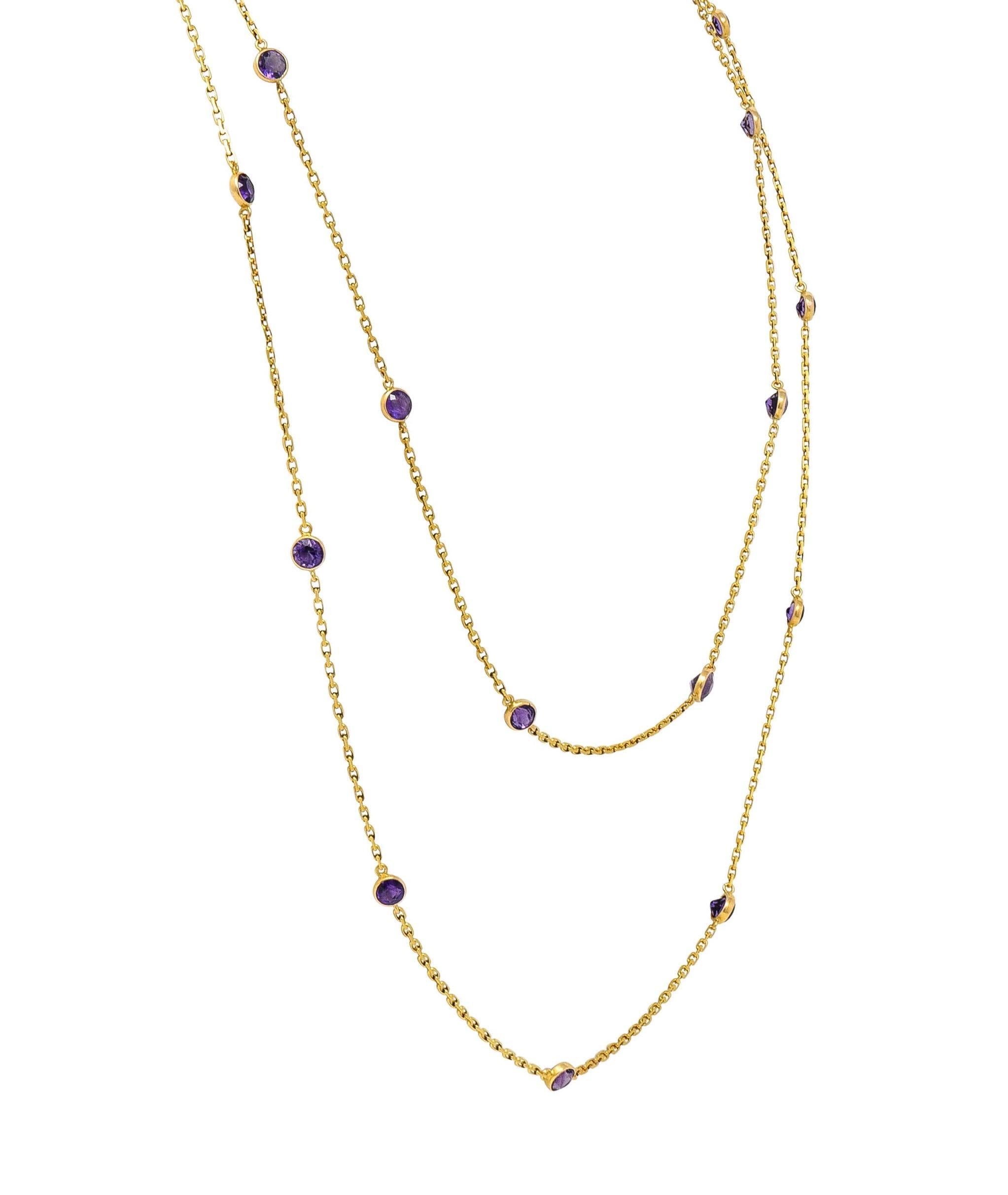 Women's or Men's Victorian Amethyst 18K Yellow Gold 59 IN Long Antique Station Chain Necklace For Sale