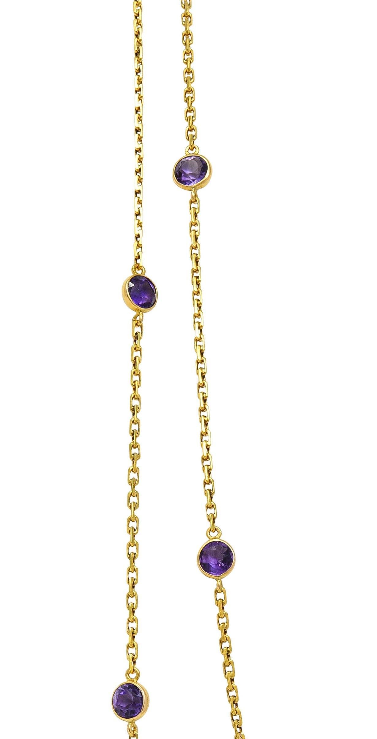 Victorian Amethyst 18K Yellow Gold 59 IN Long Antique Station Chain Necklace For Sale 1