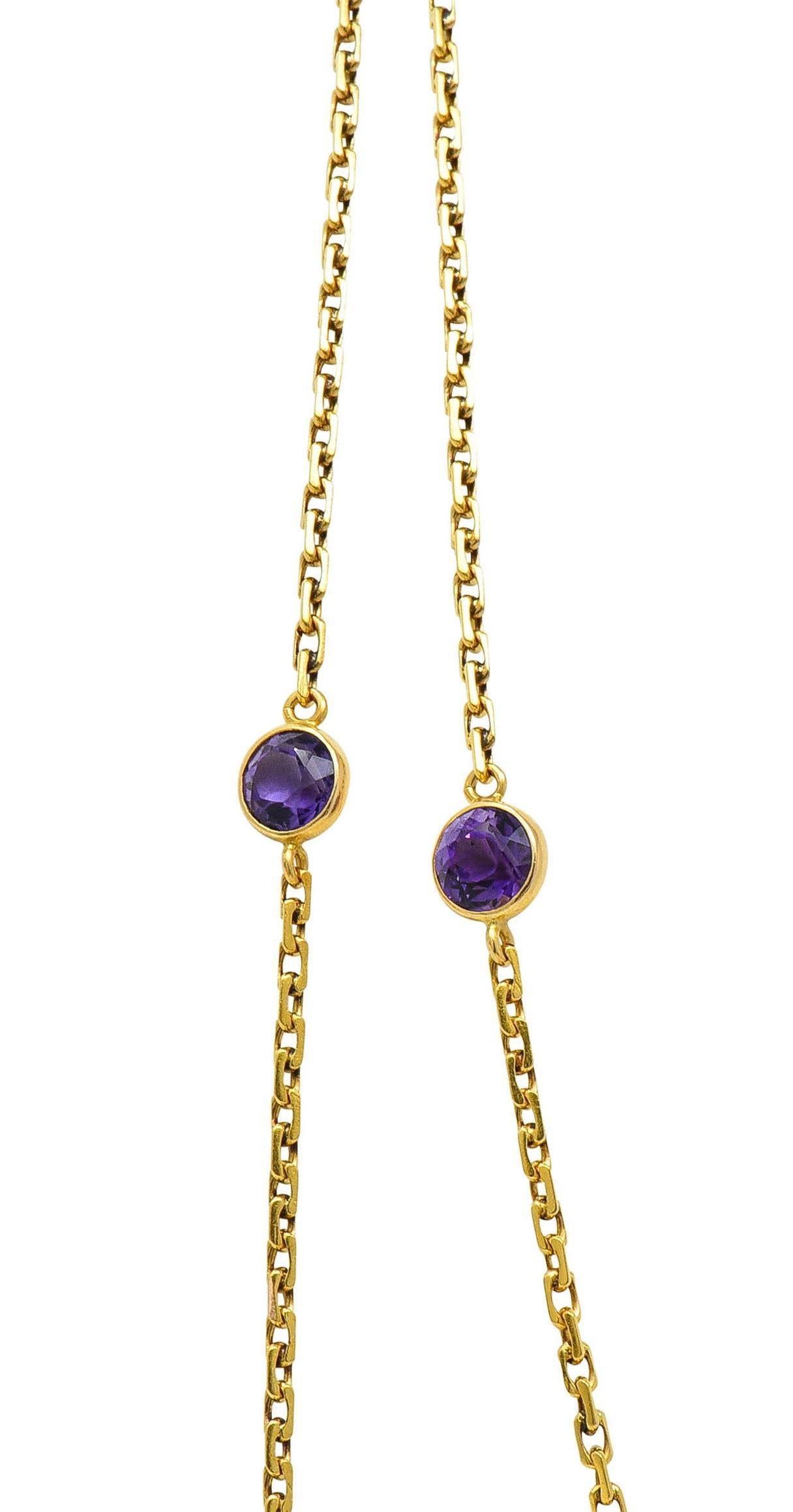 Victorian Amethyst 18K Yellow Gold 59 IN Long Antique Station Chain Necklace For Sale 3