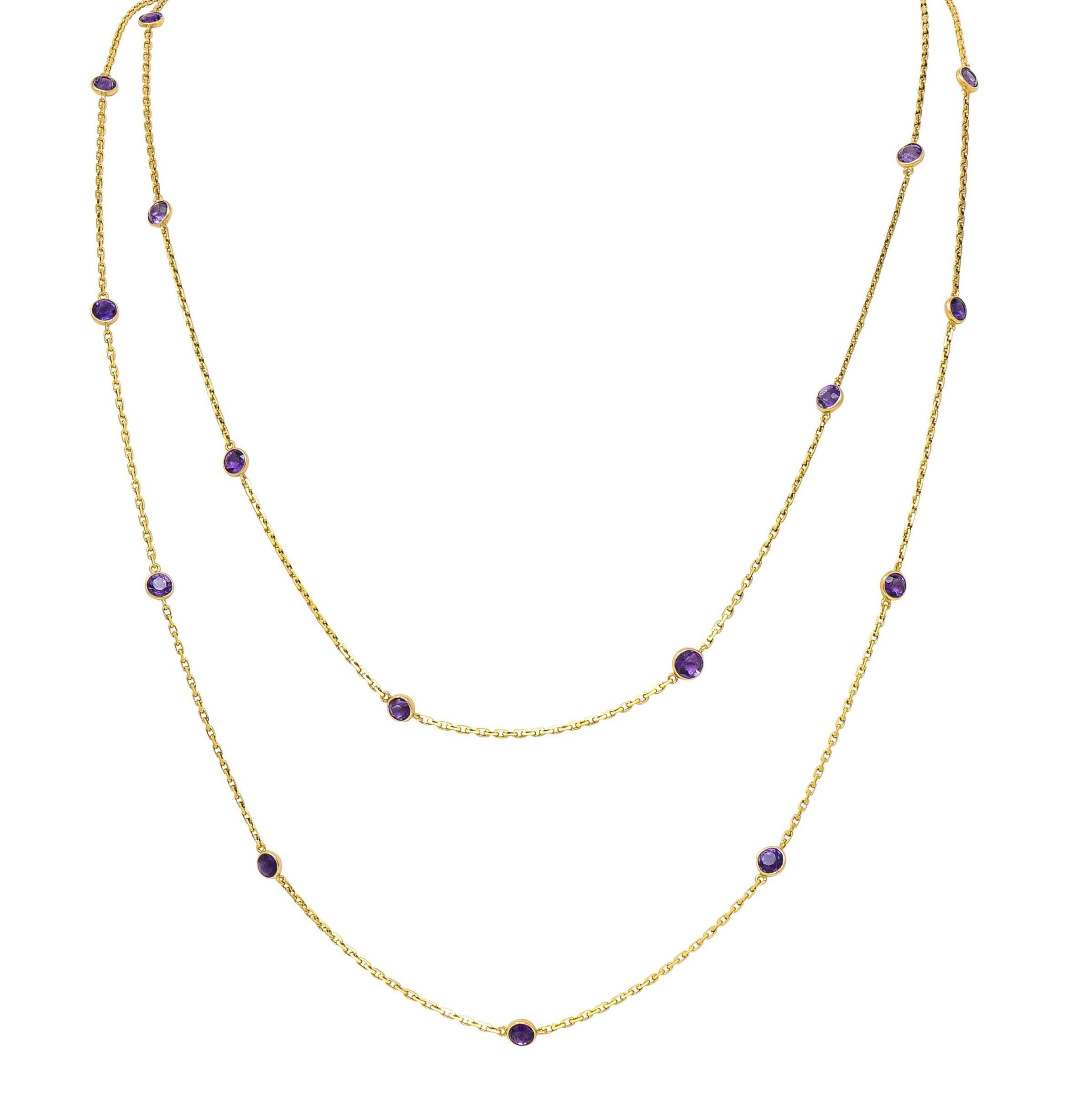 Victorian Amethyst 18K Yellow Gold 59 IN Long Antique Station Chain Necklace For Sale 4