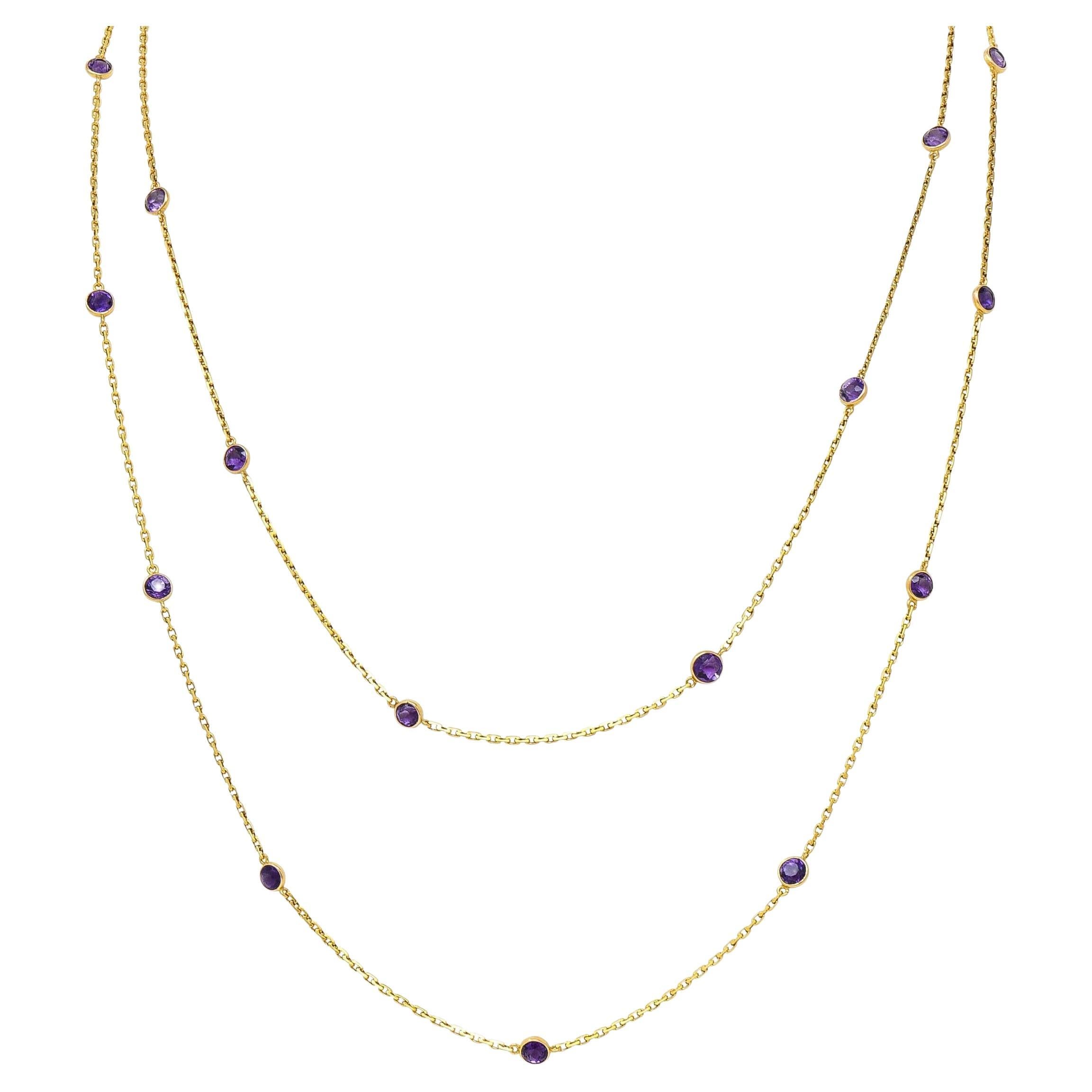 Victorian Amethyst 18K Yellow Gold 59 IN Long Antique Station Chain Necklace For Sale