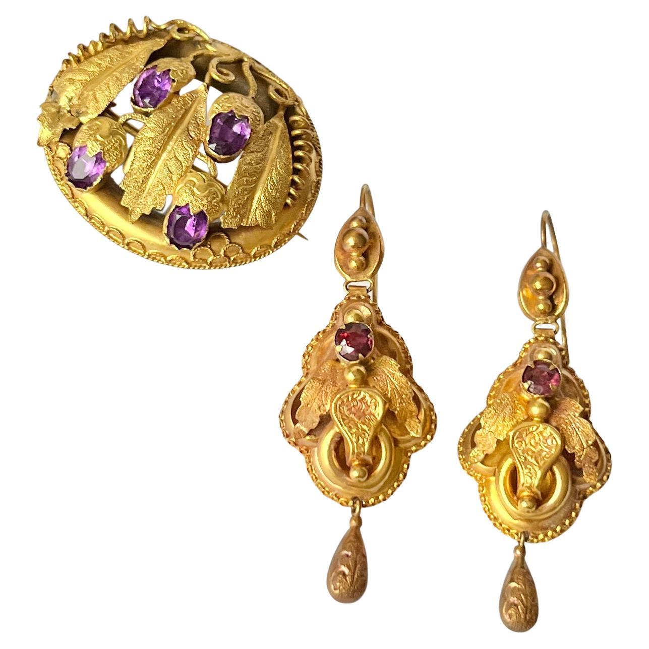Victorian Amethyst 9 Carat Yellow Gold Brooch and Earring Set For Sale