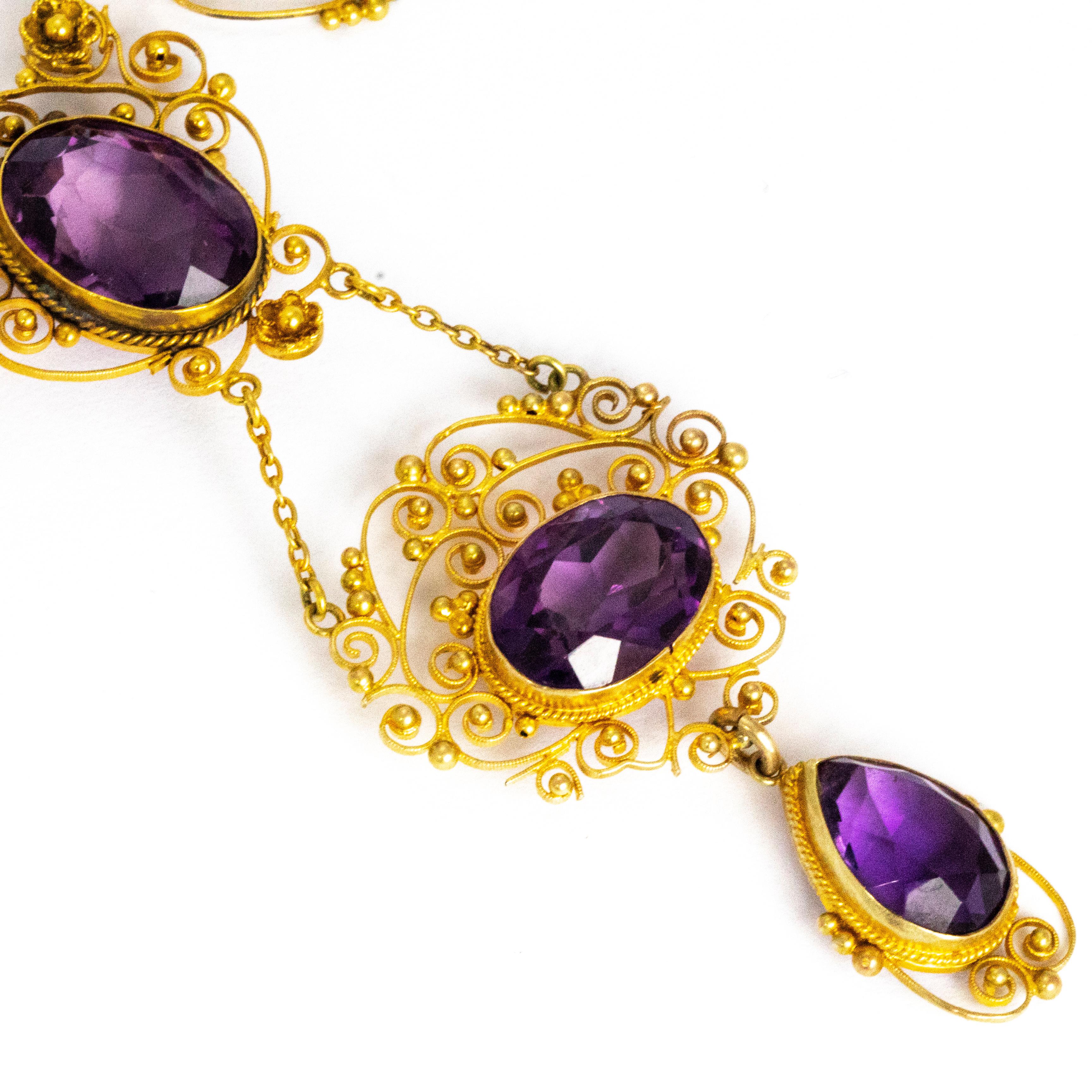 Victorian Amethyst and 15 Carat Gold Filagree Necklace In Good Condition In Chipping Campden, GB