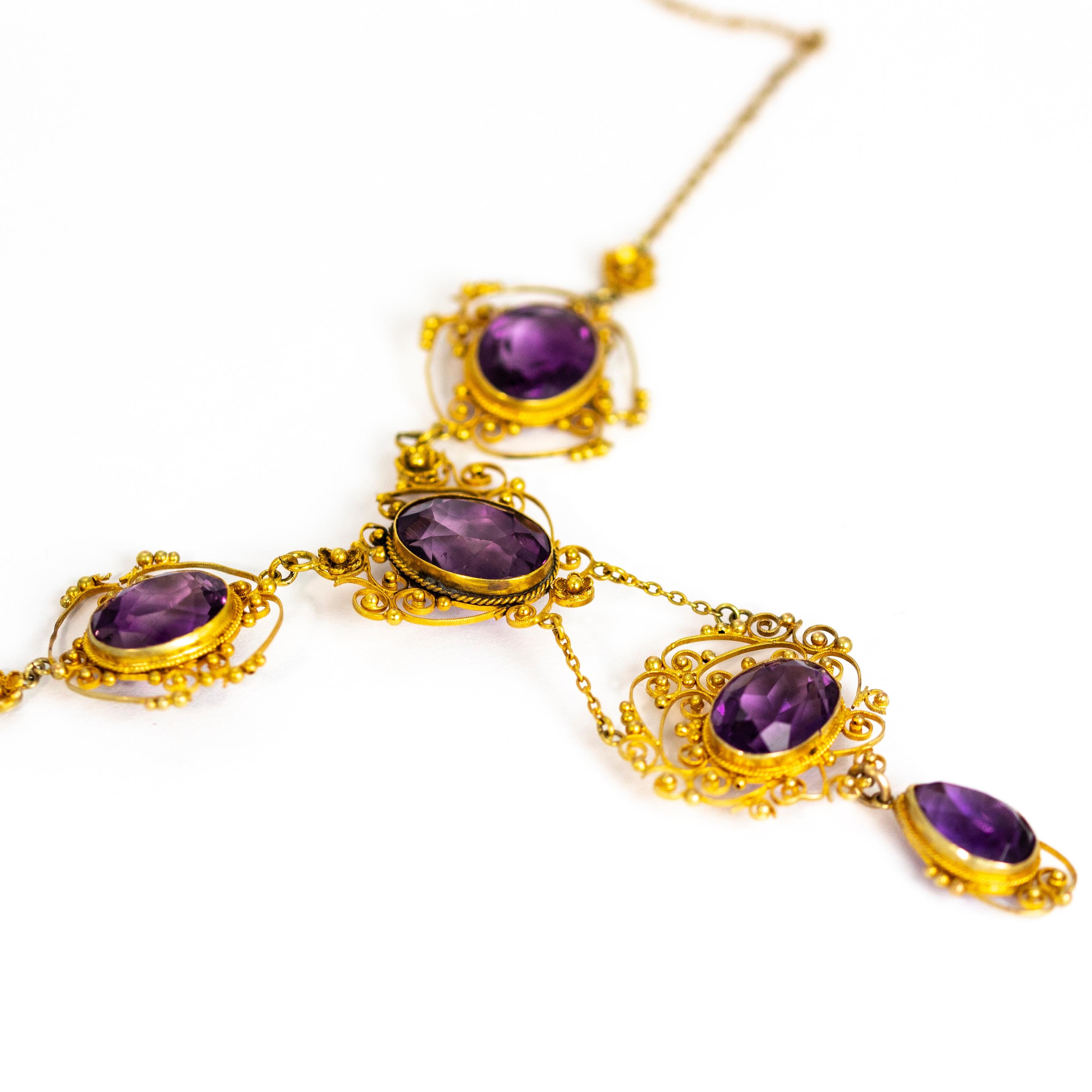 Women's Victorian Amethyst and 15 Carat Gold Filagree Necklace