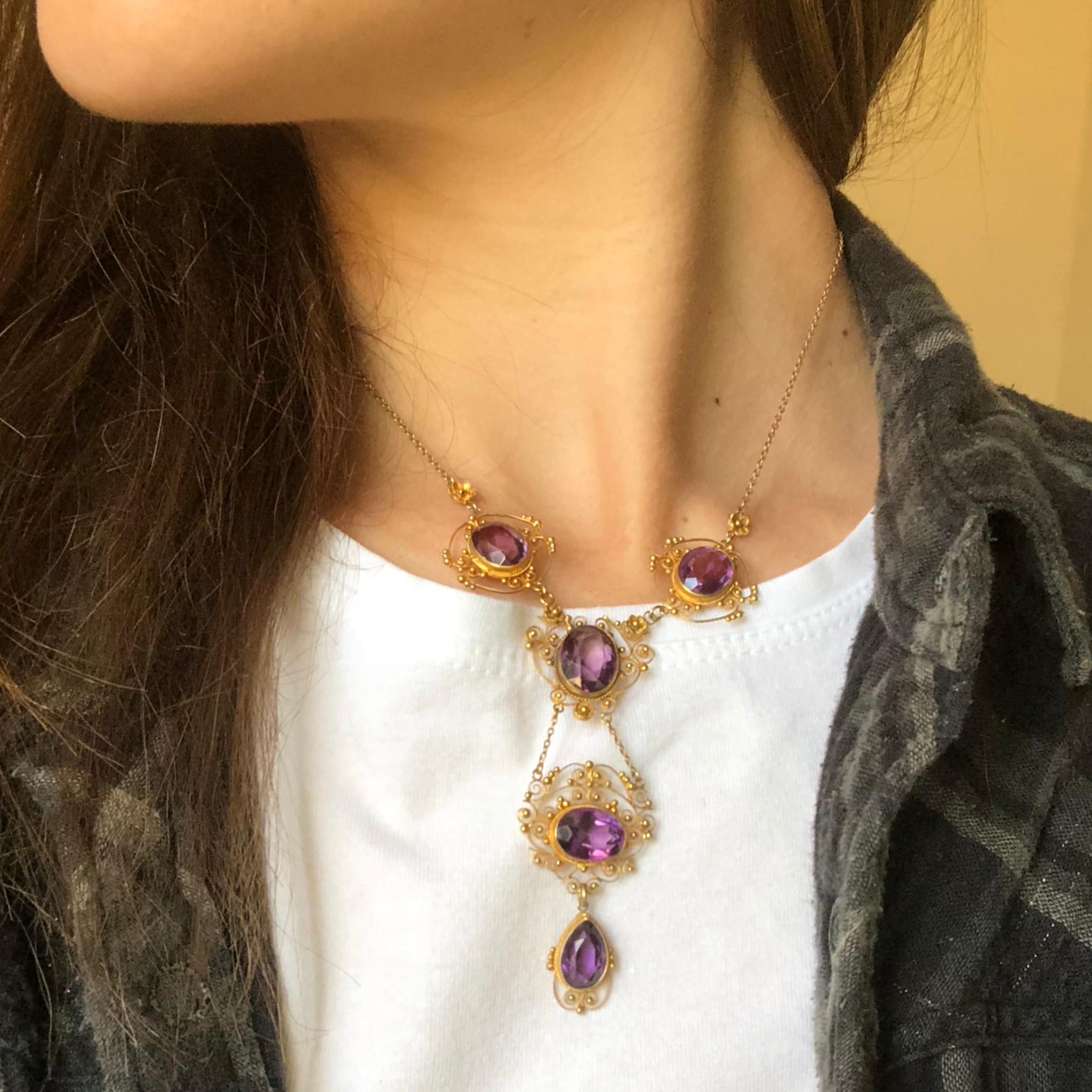 Victorian Amethyst and 15 Carat Gold Filagree Necklace 5