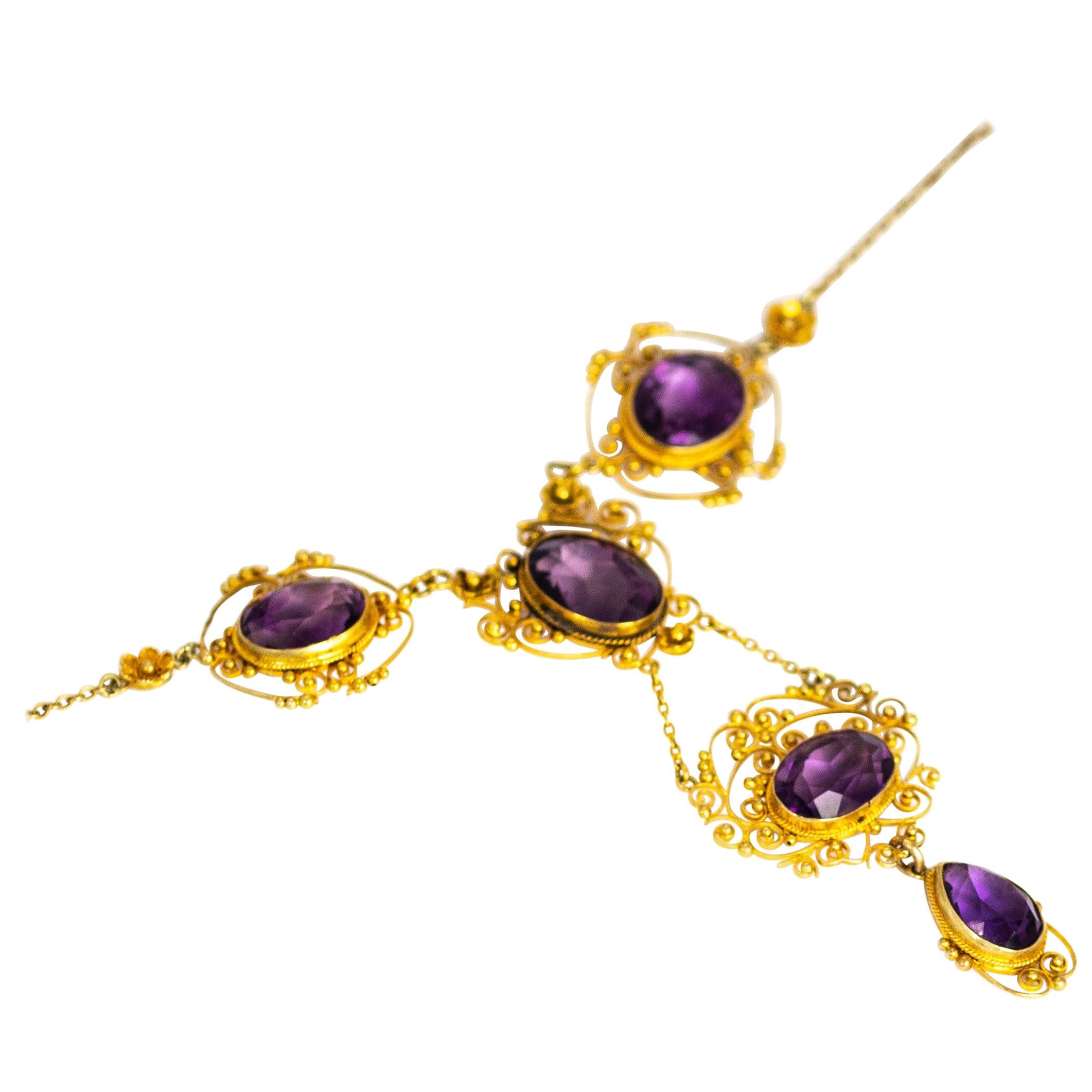 Victorian Amethyst and 15 Carat Gold Filagree Necklace